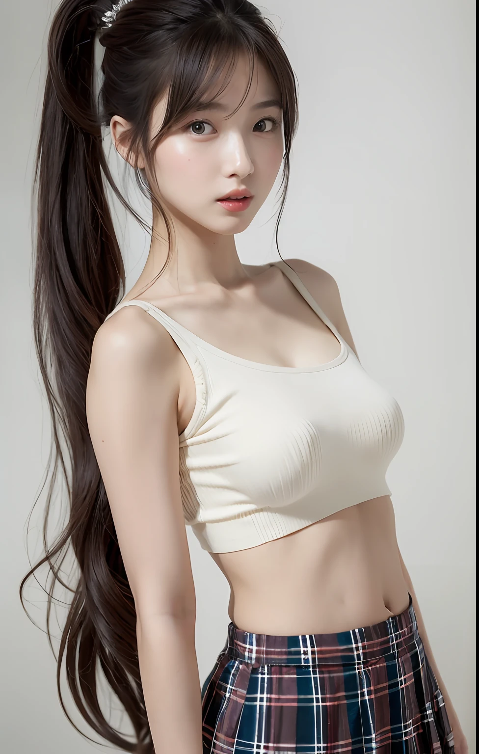 Masterpiece, best quality, (realistic, realistic: 1.4), (RAW photo: 1.2), very detailed CG unity 8k wallpaper, very delicate and beautiful, amazing, fine details, official art, ridiculous, unbelievably ridiculous , huge file size, super detailed, very detailed, pretty detailed girl, very detailed eyes and face, beautiful detailed eyes, light on face, 1girl, long hair, ((ponytail)), solo, cute, looking at viewer, (perfect female figure) , slender waist, full body, big breasts, standing, school uniform, miniskirt, miniskirt, plaid skirt, navel, cropped navel, tank top, bare arms, bangs, school, classroom, ulzzang-6500- v1.1