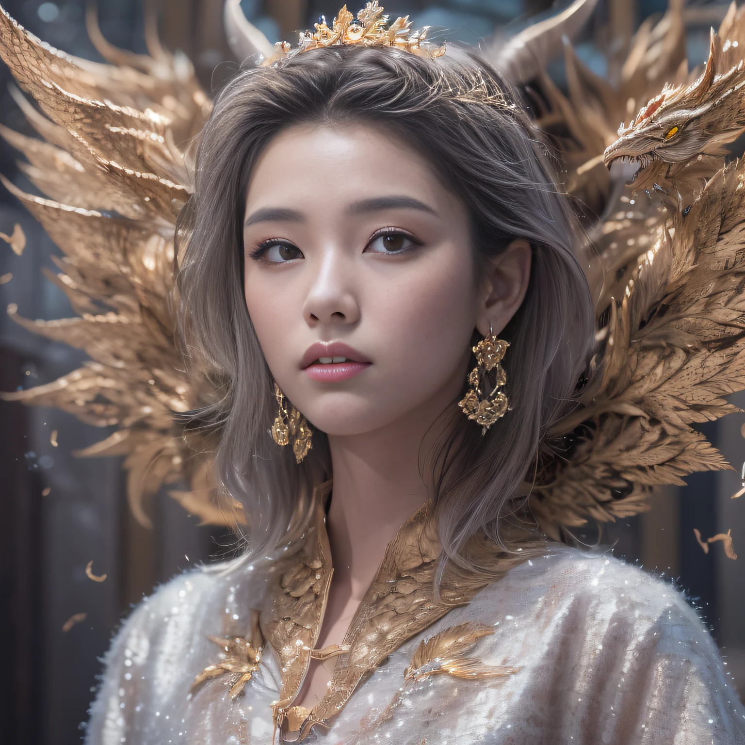 16k(tmasterpiece,k hd,hyper HD,16k)short detailed hair,Gold jewelry area in the back room,King Girl ,Silver Dragon Protector (realisticlying:1.4),Python pattern robe,Purple-pink tiara,Snowflakes fluttering,The background is pure,Hold your head high,Be proud,The nostrils look at people, A high resolution, the detail, RAW photogr, Sharp Re, Nikon D850 Film Stock Photo by Jefferies Lee 4 Kodak Portra 400 Camera F1.6 shots, Rich colors, ultra-realistic vivid textures, Dramatic lighting, Unreal Engine Art Station Trend, cinestir 800,Hold your head high,Be proud,The nostrils look at people
