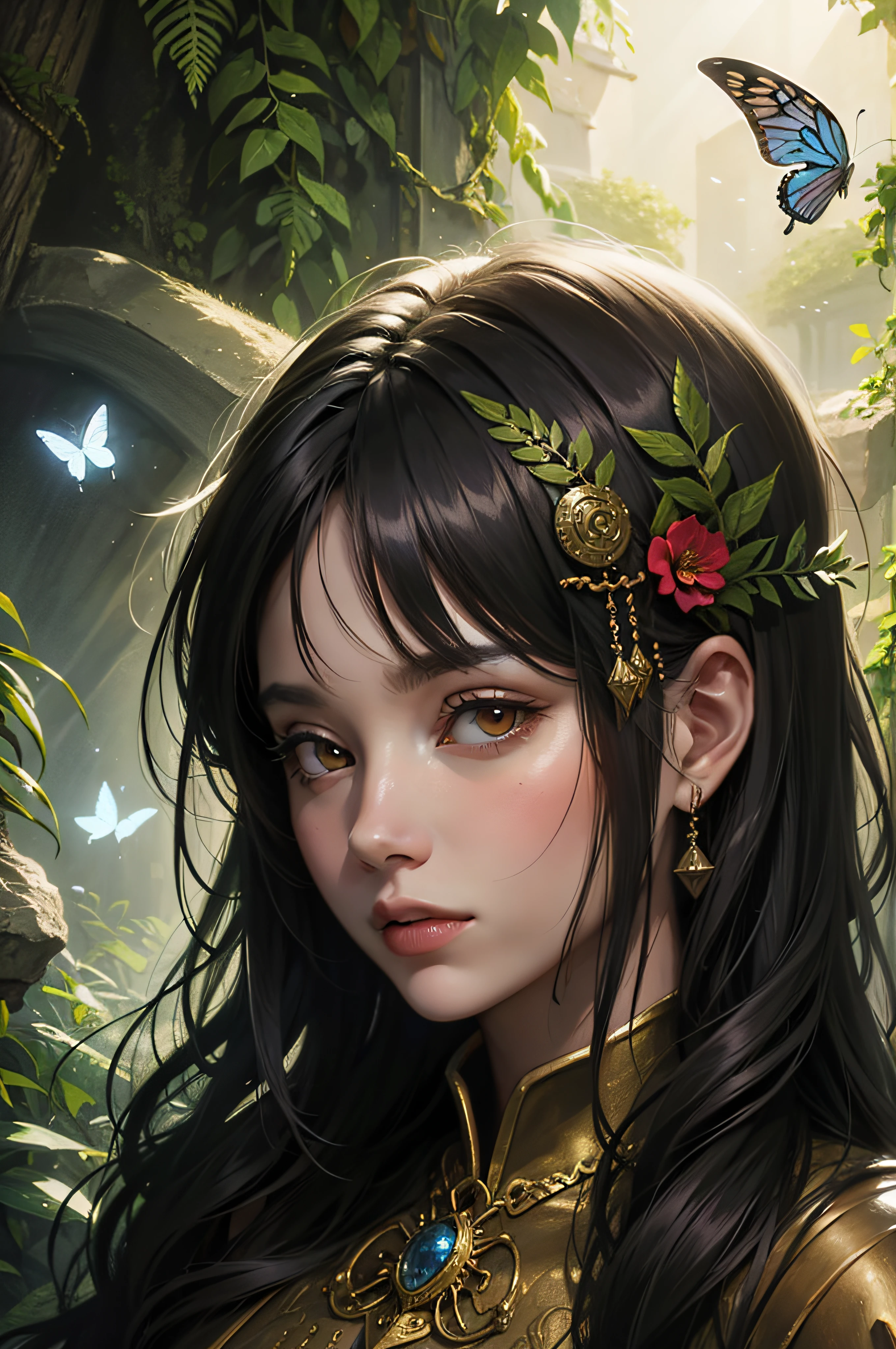 wolf portrait, ferns, butterflies, oilpainting, cinematic lighting