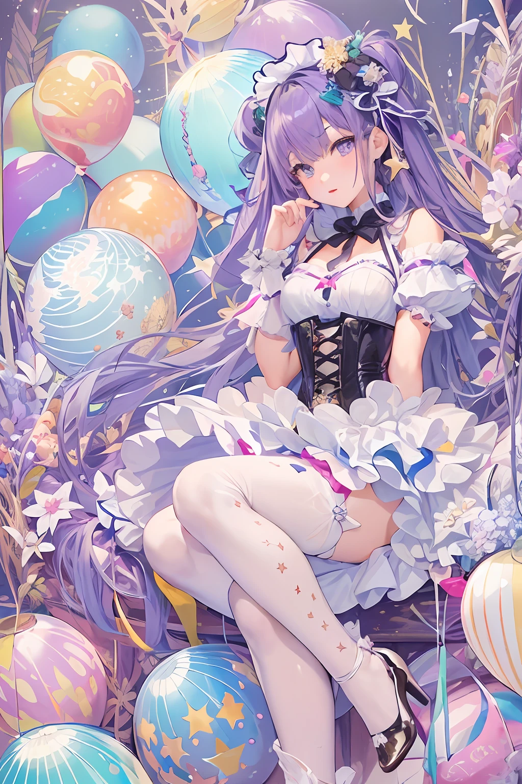 (​masterpiece、top-quality、top-quality、Official Art、Beautifully Aesthetic:1.2)、(1girl in)、ighly detailed、(Fractal Art:1.3)、colourfull、highestdetailed、Purple hair、Kurukuru no Perm、short-cut、big eye、Women in Japan、(ruffle frills cuffs, chiffon laced ribbon suspenders, (stripes designed pastel coloring dress), big ribbon head band, open collarborn, puff sleeves, tied up thin ribbon corset, balloon skirt, white net tights, colorful star shaped beads accessories)
