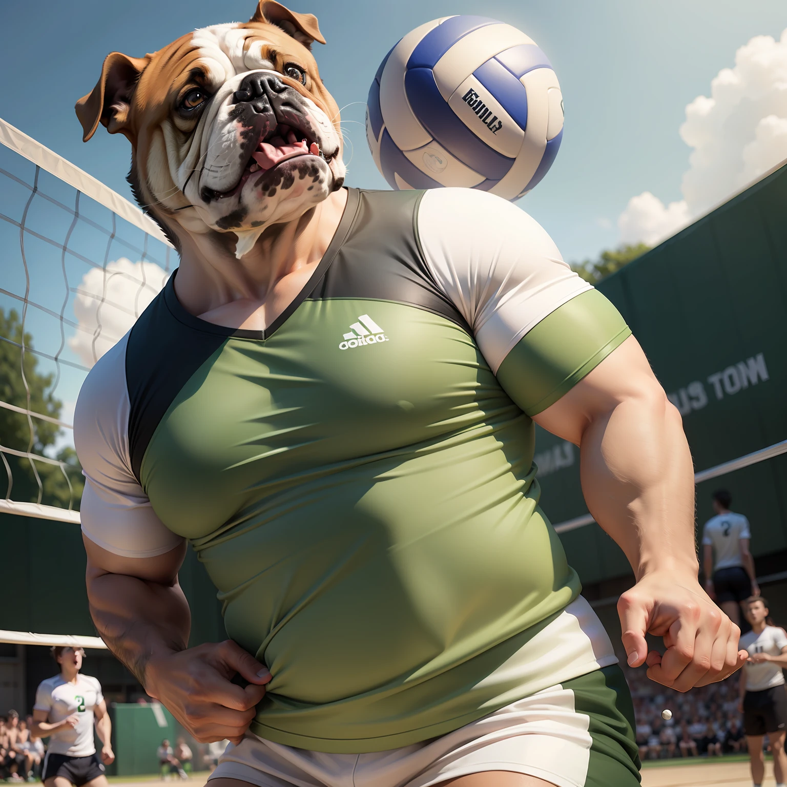 Bulldog playing volleyball with green and white colors