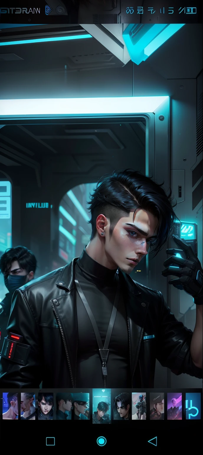Cyberpunk handsome boy,black hair,blue eyes,real face,same background,real boy face boy