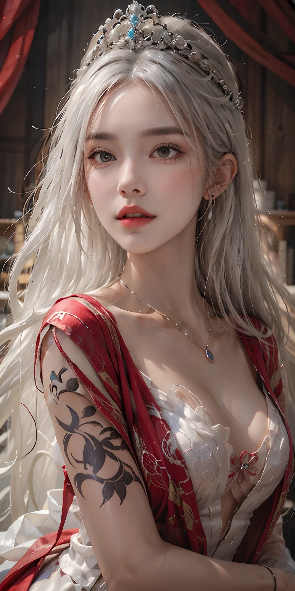 photorealistic, high resolution, soft light,1women, solo, hips up, look at viewer, (detailed face), long hair, white hair, Beautiful girl, red wedding princess dress, tattoo, jewelry