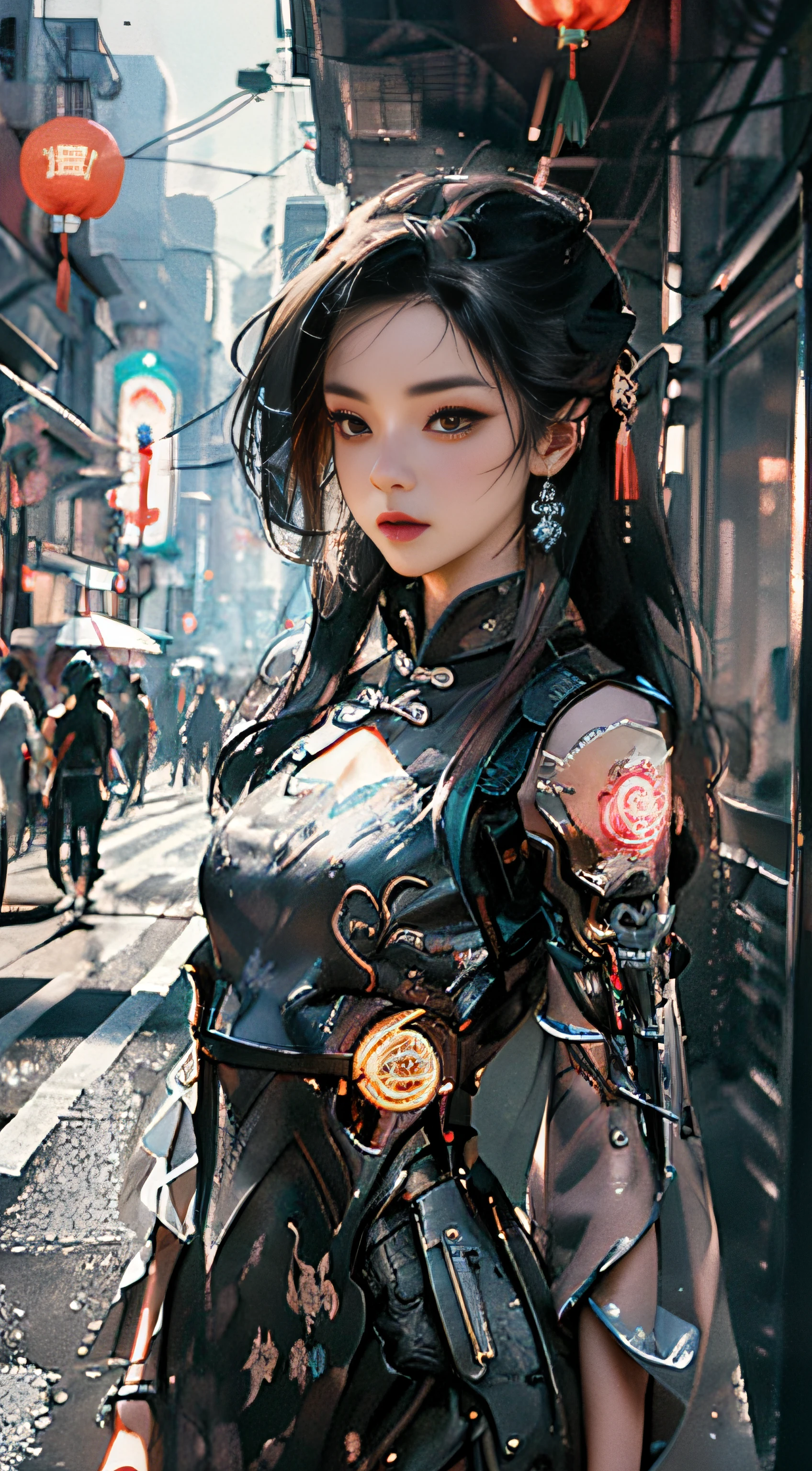 (Master Works :1.5), (Best picture quality :1.5), (Very Fine Detail, 8K, Wallpaper :1.3), Very Fine Detail, High contrast, Complex Detail, physics-based rendering, Best Composition, Whole body, Cyberpunk character Style, Dynamic Styling, 1 girl, Fine brown eyes, Eyeshadow, Makeup, long black hair, Detailed big eyes, looking at the audience, blush, full small lips, red lips, long hair :1.3, upper body, (standing), (Hair accessories :1.1), headwear, Chinese cheongsam, Cyberstyle Cheongsam, blue and pink cheongsam, (Cyberpunk Light :1.1), neon, all mechanical and futuristic elements, technology, the background is a traditional Chinese street, This street with no people, on the street with no people, paper lanterns, neon, Ultra high resolution, (Slim:1.2), dramatic lighting, vibrant detail, Deluxe Cyberpunk, Complex background, octane render, 8k, best quality, masterpieces, illustrations, extremely delicate and beautiful, Very detailed, CG, wallpaper, (realistic, realistic :1.37), Amazing, fine detail, masterpiece, best quality, official art, (Natta :1.5) cowboy shot