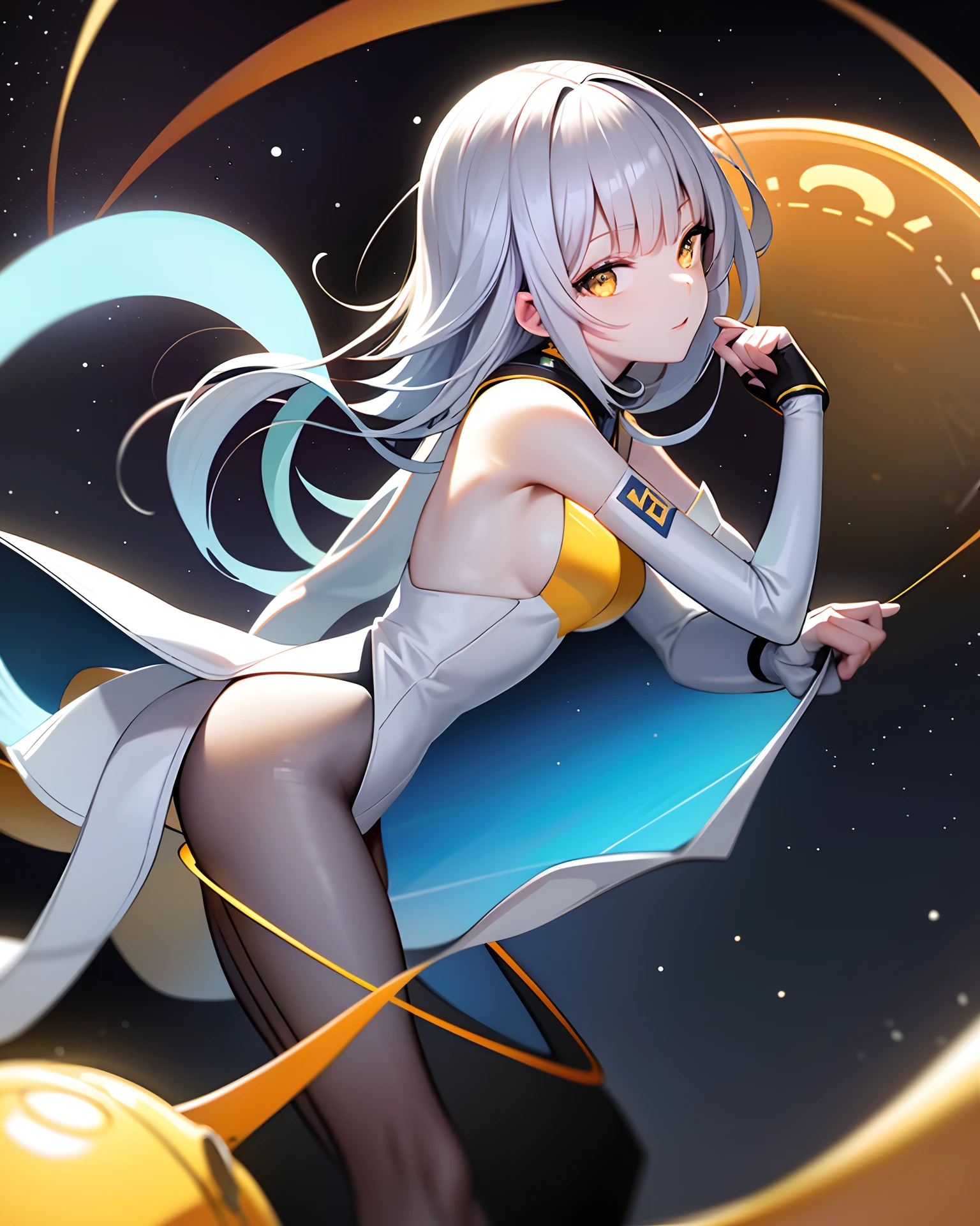 Masterpiece, Best quality, 1girll, (space), Spacecraft, (Spacesuit), Upper body, From the side Side, Science fiction, Yellow eyes, double tails, Silver hair,
