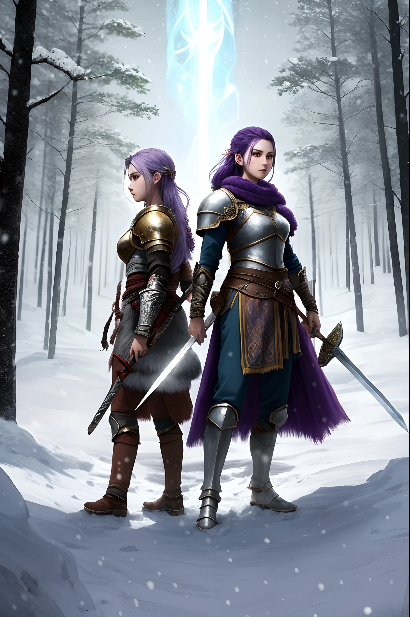 "2 female knights, one with purple hair, one with silver hair, adorned in majestic armor, wielding a sword that radiates an ethereal glow, poised with determination, in a boreal forest during a snow, vivid illumination, 2d anime, fantasy, god of war style."
