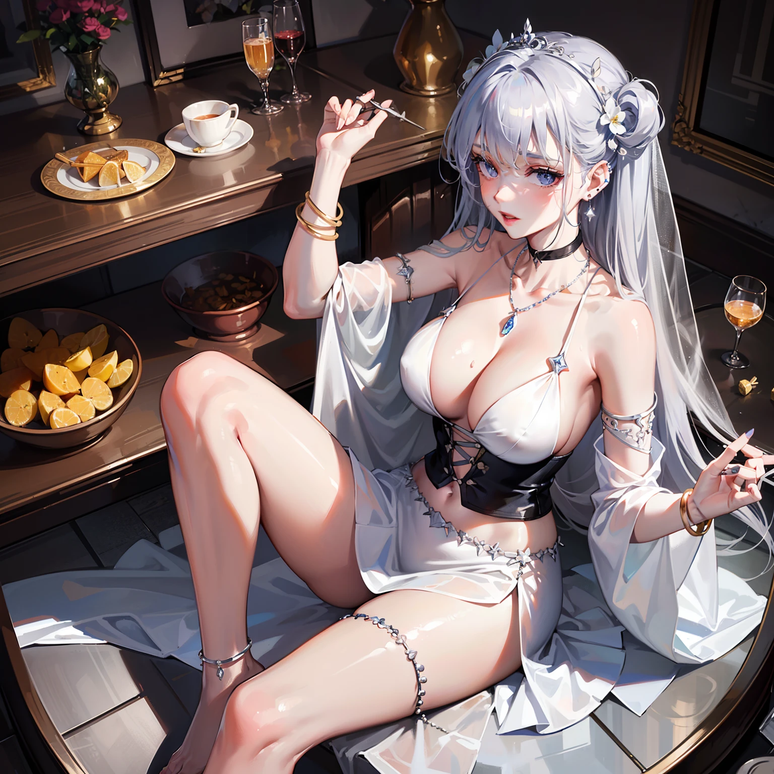 ))),((Wear a wedding dress with a transparent plastic texture))),((Pedras preciosas,Diamond,pendant,choker necklace,waist chains,ear studs,耳Nipple Ring,nose studs,Lip studs,Lip Ring,Ring in the nose,Umbilical nails,Umbilical ring,Bracelet,Anklets)),flowers blooming,Sit on a golden swing,Mirror with silver pattern border,Gorgeous dining table,wine jugs,Plastic rods,Massage stick,spooning,((Honey bath))),cocktails,binge drinking,drunk,Asleepiness,Sweat profusely,weakness,Slipped shoulder straps,drenched all over the body,hangover,Relaxed gesture,Clothes scattered on the ground,trouser,a skirt,pantiess,