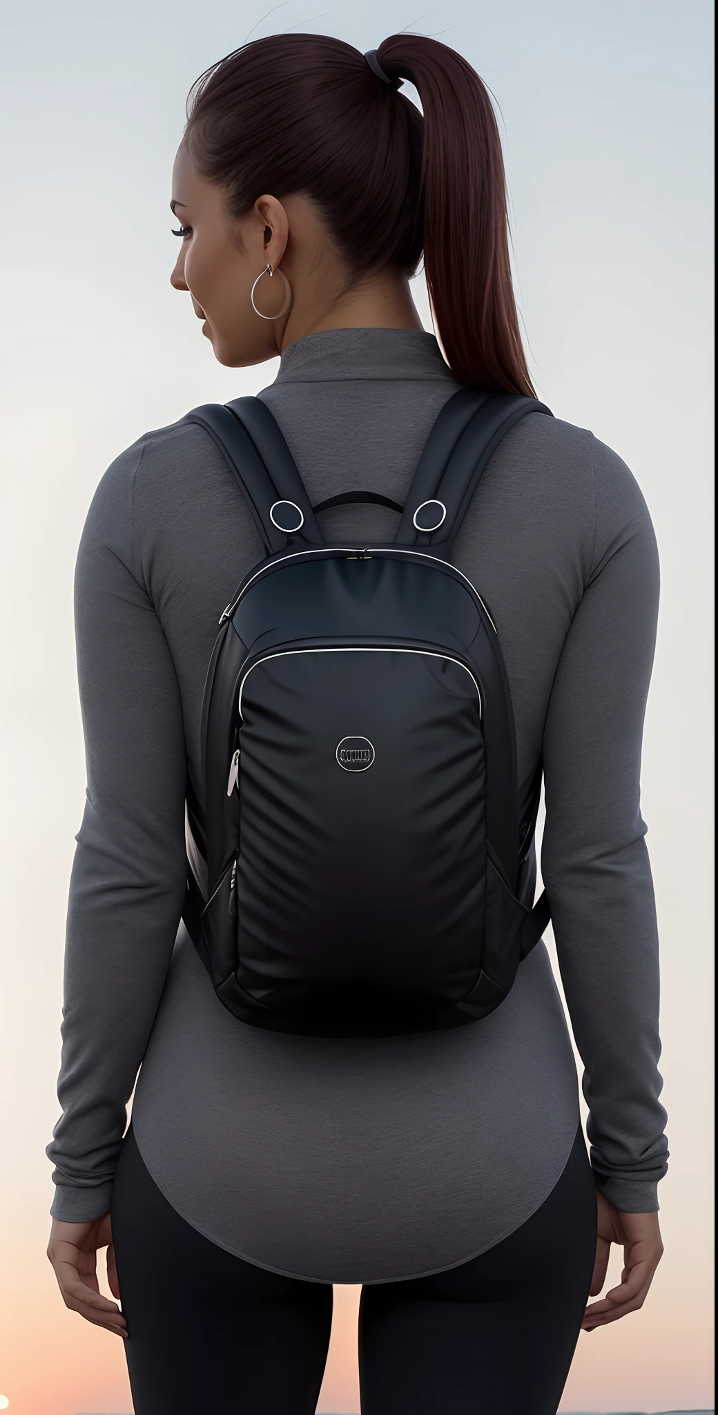 the back view of a beautiful woman and (((defined buttocks))) (((usando uma mochila preta))), mochila, com uma mochila, uma mochila, uma mulher usando uma mochila, a mulher tem uma mochila, 3/4 vista frontal, F / 2 0, com dois bolsos frontais, ao nascer do sol, ao entardecer!, rear facing, F/9, ao entardecer, um preto, postapo, F / 3 2