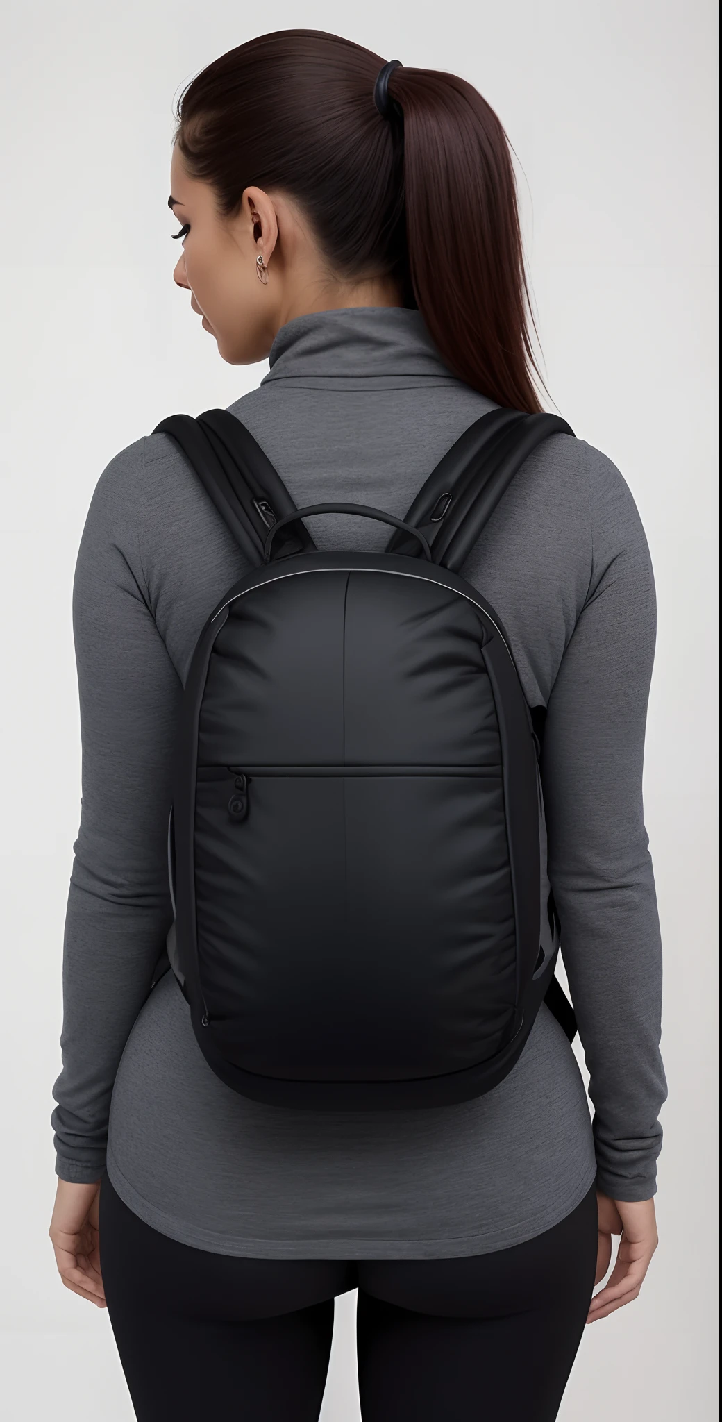 the back view of a beautiful woman and (((defined buttocks))) (((usando uma mochila preta))), mochila, com uma mochila, uma mochila, uma mulher usando uma mochila, a mulher tem uma mochila, 3/4 vista frontal, F / 2 0, com dois bolsos frontais, ao nascer do sol, ao entardecer!, rear facing, F/9, ao entardecer, um preto, postapo, F / 3 2