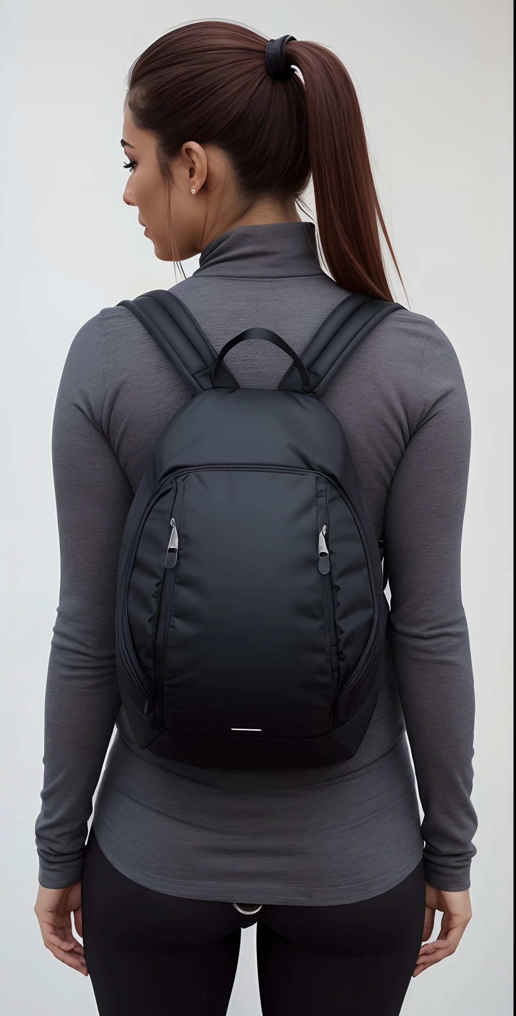 the back view of a beautiful woman and (((defined buttocks))) (((usando uma mochila preta))), mochila, com uma mochila, uma mochila, uma mulher usando uma mochila, a mulher tem uma mochila, 3/4 vista frontal, F / 2 0, com dois bolsos frontais, ao nascer do sol, ao entardecer!, rear facing, F/9, ao entardecer, um preto, postapo, F / 3 2