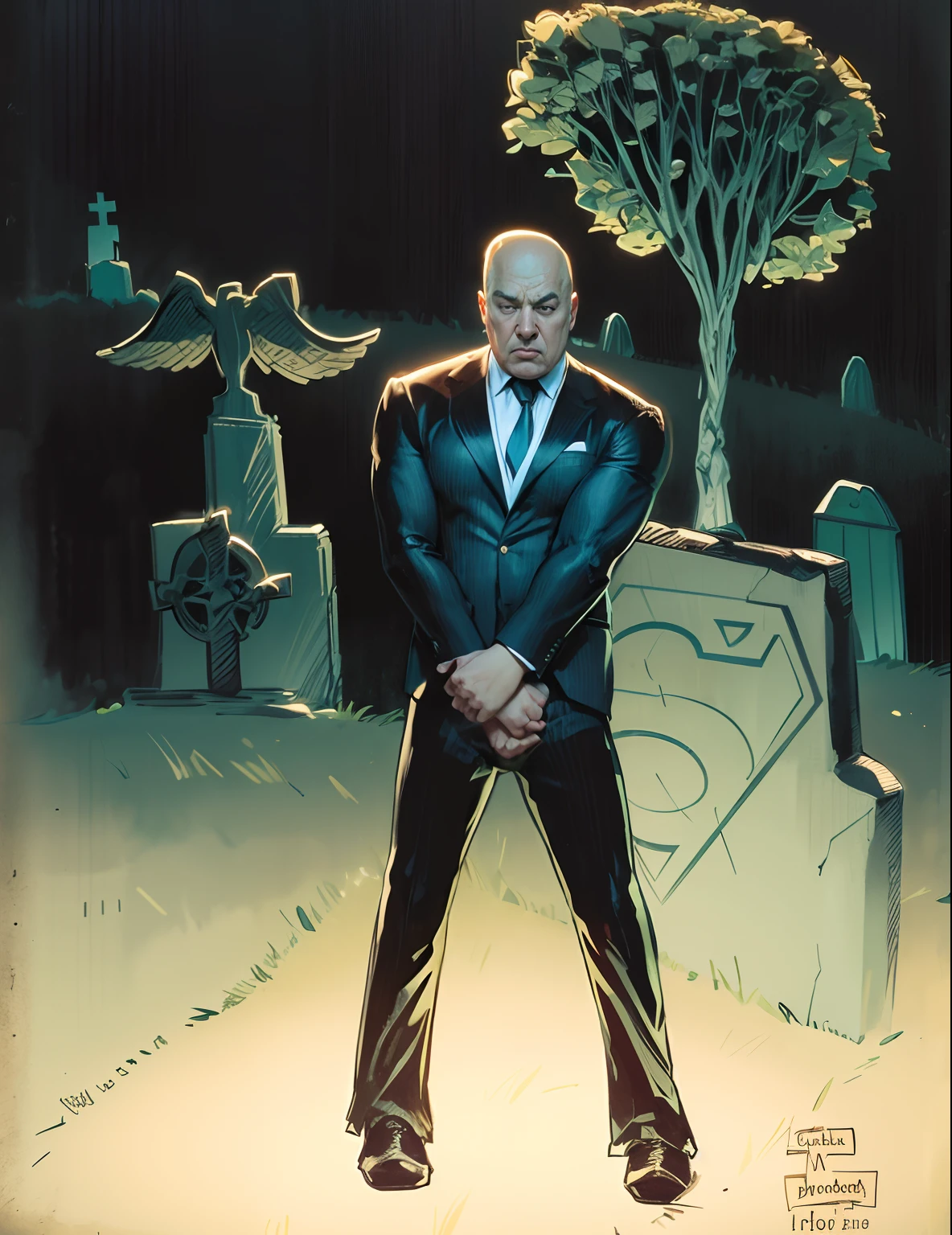 Drawing of a man in a suit standing in a field, Lex Luthor, careca, caucasiano, Eyes closed in a cemetery in front of a grave, granite tombstone with Superman's S, inspirado em Stan Stokes, inspirado em Alex Toth, inspirado em Al Williamson, Estilo arzach de quadrinhos, inspirado em D. Howard Hitchcock, desenho de quadrinhos, inspirado em Bill Ward, inspirado por Hal Foster, comic drawing, Desenhado no estilo de Mark Arian, fan art
