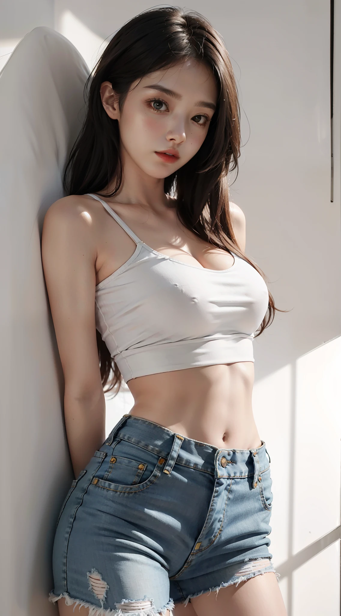 Girl posing for photo in white bra and tight denim, arms behind back, full body, with cropped t-shirt, bra, slim figure, smaller bust, slim girl model, 24 year old female model,
