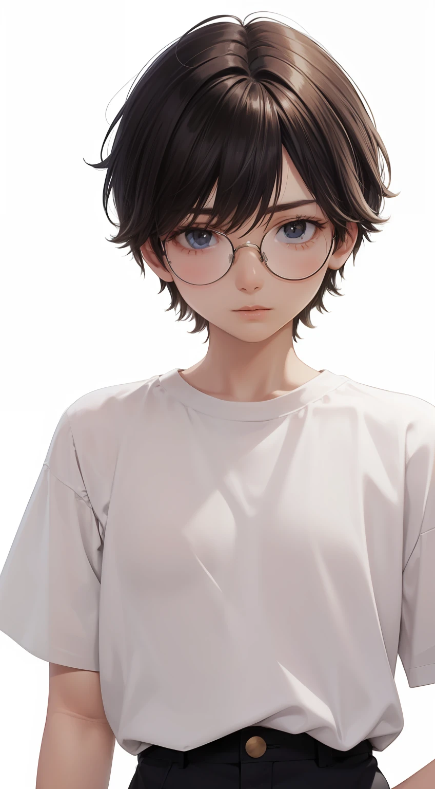 Polish origin，poles（Hairy messy hairstyle），（flatchest）（Men's hairstyles）Flat-chested tomboy，（（Tomboyish）），No light or shadow，A person's entire body faces one side of the screen，No saturation，low-contrast，with a pure white background，round frame glasses（（（Plain white unpatterned T-shirt））），15year old（（Messy hairstyle））