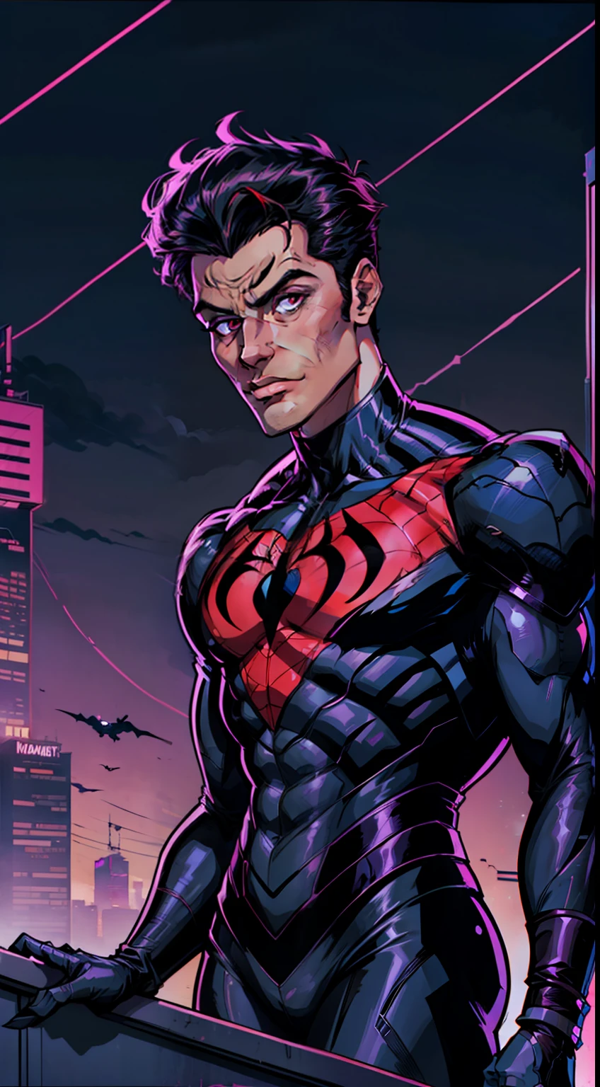(homem) invente um novo traje do homem aranha, estilo synthwave