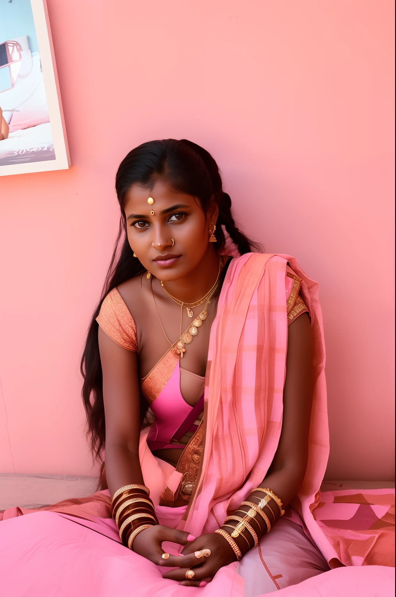 there is a woman sitting on a bed with a pink wall, photo of a woman, photo of the girl, indian girl with brown skin, portait image, 3 0 years old woman, 30 years old woman, she is about 1 , centre image, photo taken in 2 0 2 0, around 1 9 years oldyoung woman