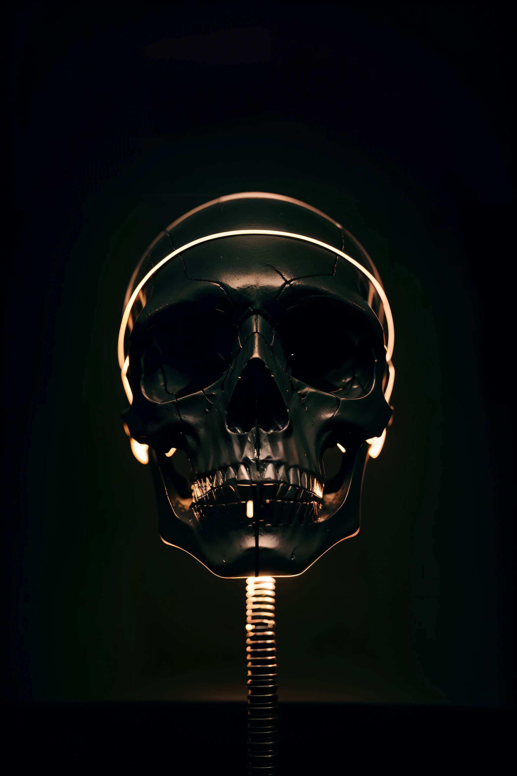 basic human skull made of wires looking sideways, dark theme