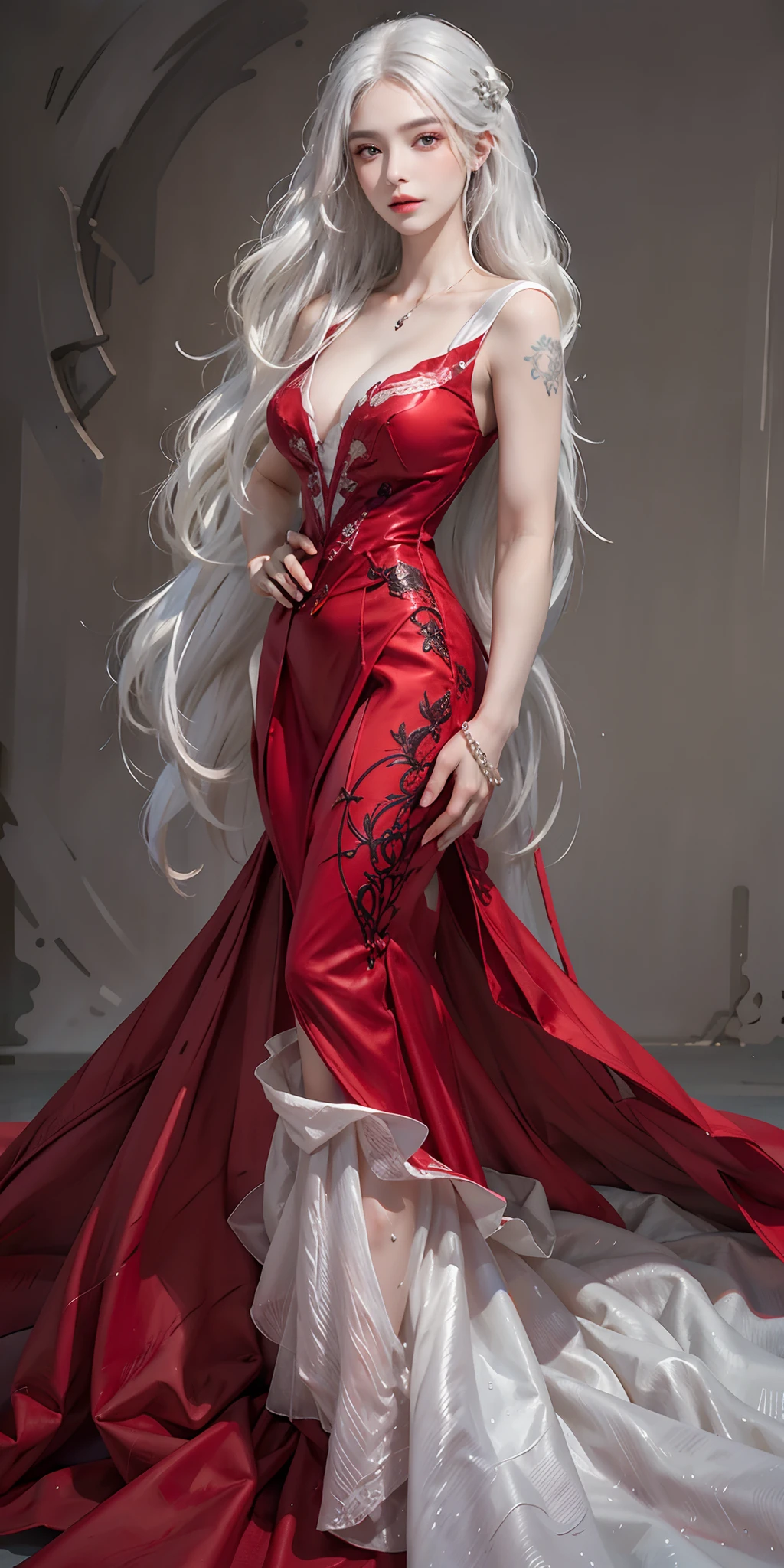 photorealistic, high resolution, soft light,1women, solo, hips up, look at viewer, (detailed face), long hair, white hair, Beautiful girl, red wedding princess dress, tattoo, jewelry