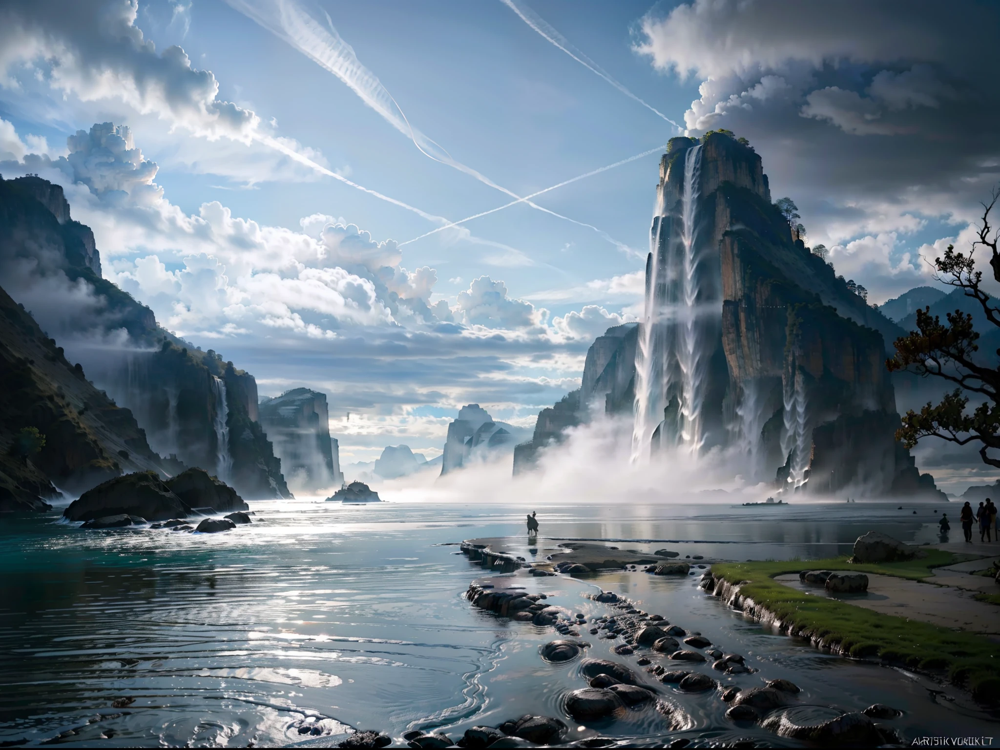 Masterpiece, best quality, high quality, extremely detailed CG unity 8k wallpaper, landscape, outdoor, sky, clouds, sky, no humans, mountain, landscape, water, tree, blue sky, waterfall, cliff, nature, lake, river , cloudy skies, award winning photography, bokeh, depth of field, HDR, bloom, chromatic aberration, photorealism, very detailed, trending on artstation, trending on CGsociety, intricate, high detail, dramatic, half way art