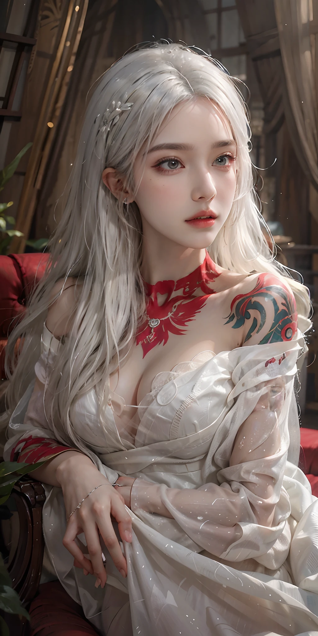 photorealistic, high resolution, soft light,1women, solo, hips up, look at viewer, (detailed face), long hair, white hair, Beautiful girl, red wedding princess dress, tattoo, jewelry