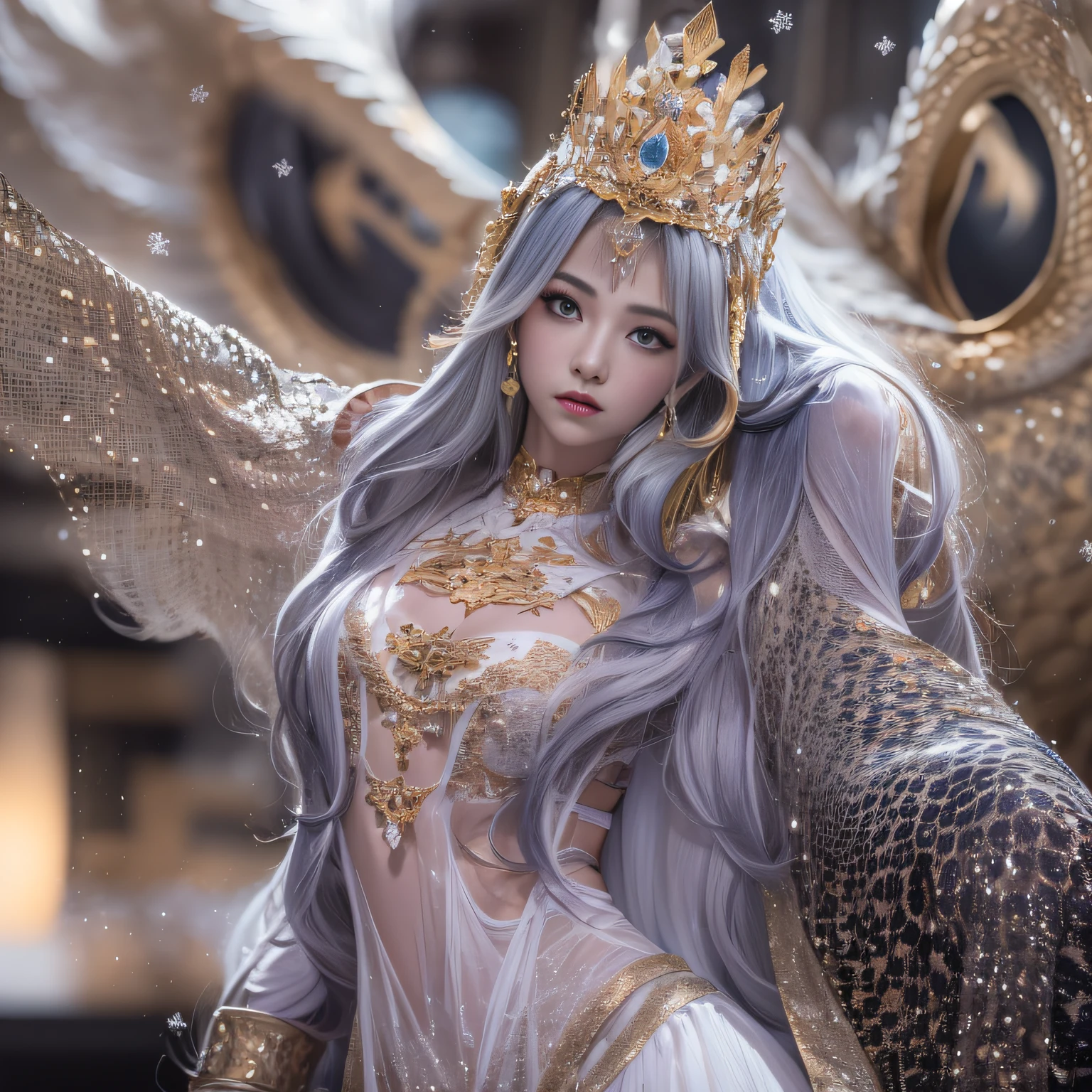 16k（tmasterpiece，k hd，hyper HD，16k）short detailed hair，Gold jewelry area in the back room，King Girl ，Silver Dragon Protector （realisticlying：1.4），Python pattern robe，Purple-pink tiara，Snowflakes fluttering，The background is pure，Hold your head high，Be proud，The nostrils look at people， A high resolution， the detail， RAW photogr， Sharp Re， Nikon D850 Film Stock Photo by Jefferies Lee 4 Kodak Portra 400 Camera F1.6 shots, Rich colors, ultra-realistic vivid textures, Dramatic lighting, Unreal Engine Art Station Trend, cinestir 800，Hold your head high，Be proud，The nostrils look at people