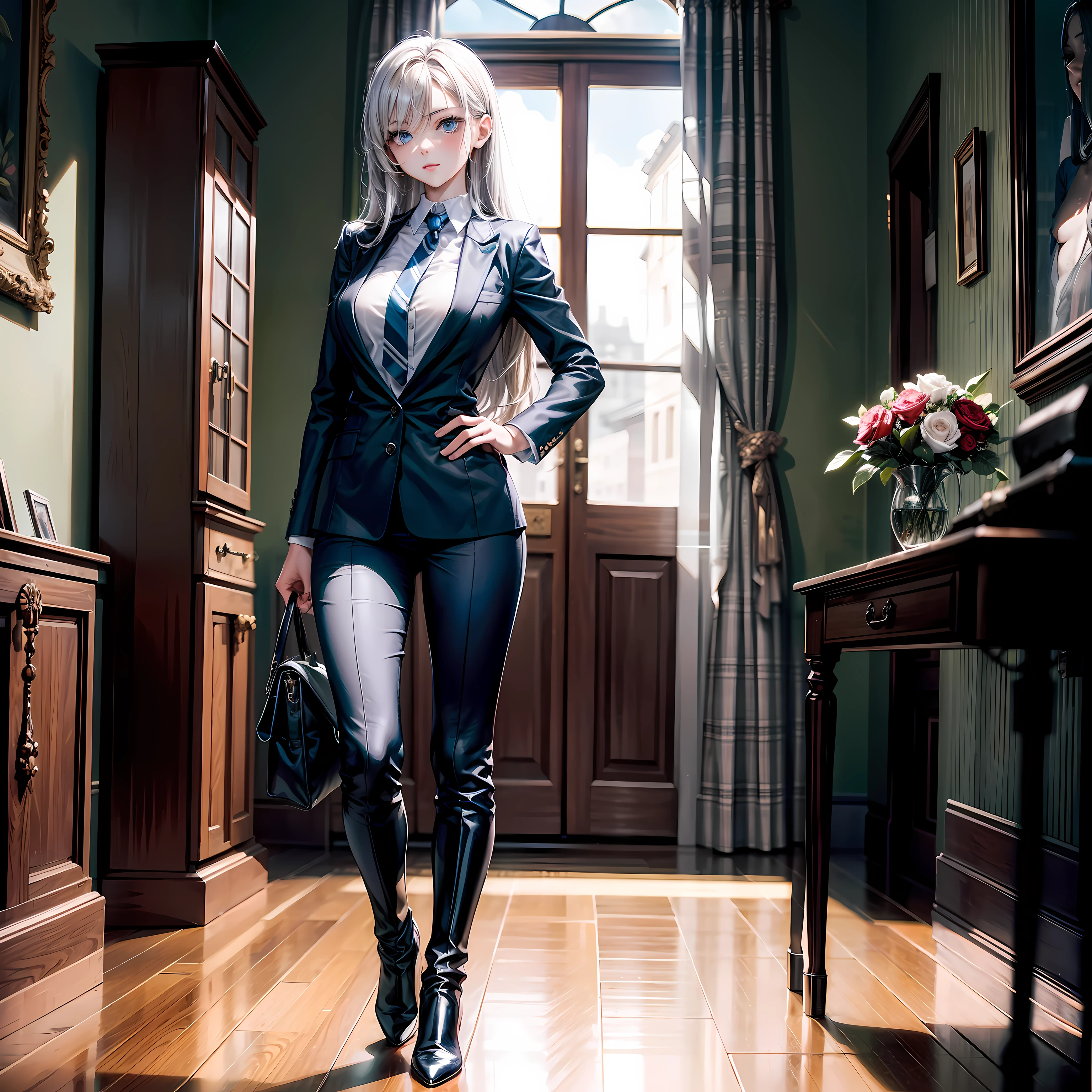masterpiece, top-quality, Hi-Res, 1girl in, silber hair, length hair, blue eyess, middlebreasts, hi-school girl,neck tie, Dark pantsuit,Beautuful Women,Men,long court,long boots,