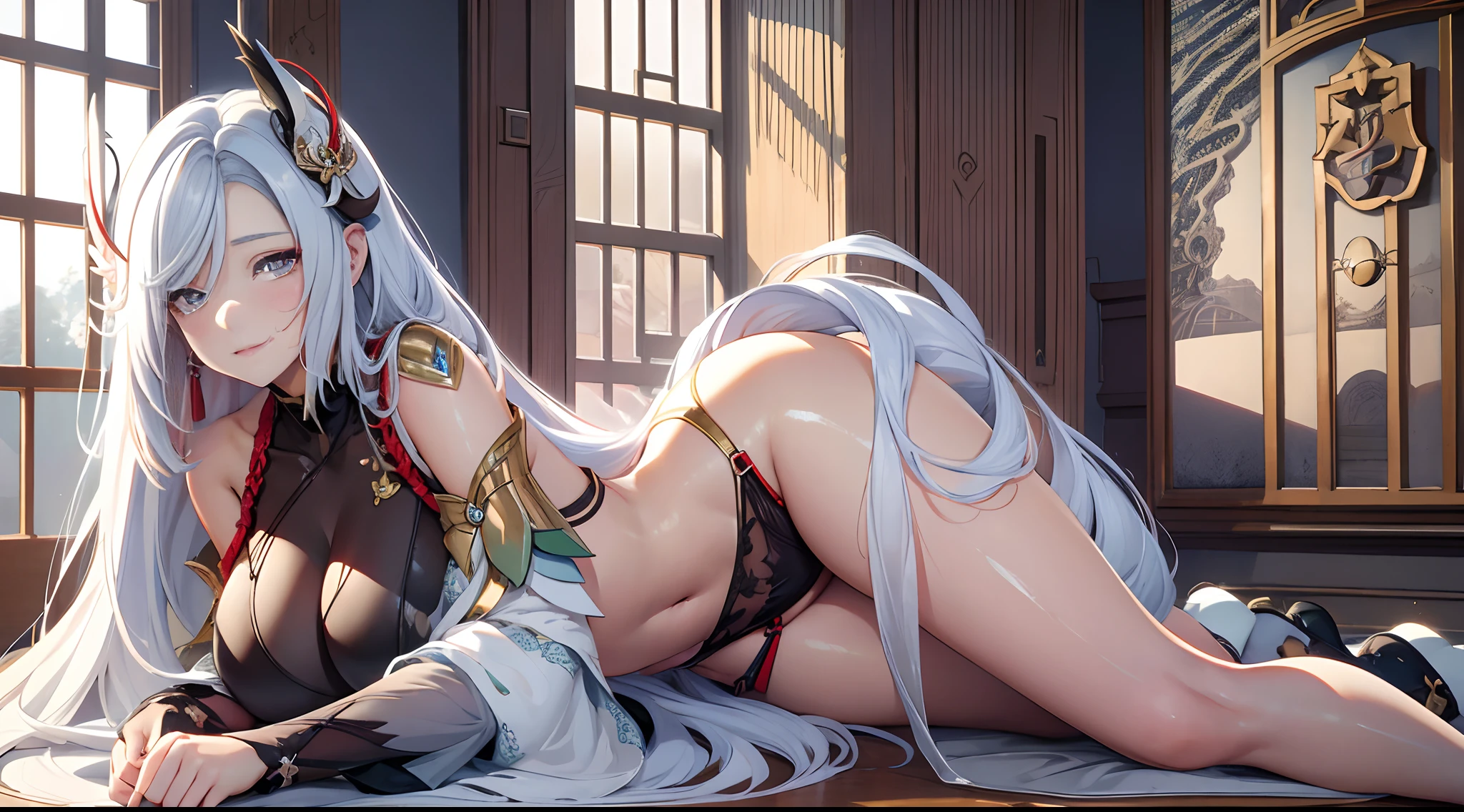 (Enrich the picture,Masterpiece level quality)Beautiful 8K CG artwork,Goddess-like posture,Kneeling exercise,Slim and soft,Translucent skin,White hair、The beauty of extra-long hair, Super Long Straight Hair,The skin is fair and juicy,Underwear uniforms,Perspective Part 1.2x enhanced silhouette effect,Exquisite transparent blues pattern in pajamas,The details are intricate and exquisite,The background is slightly blurred,Charming and lustful leg seduction,Drool,Extra-large big breasts,Blush,Japan goddess,Perfect body slim curves,