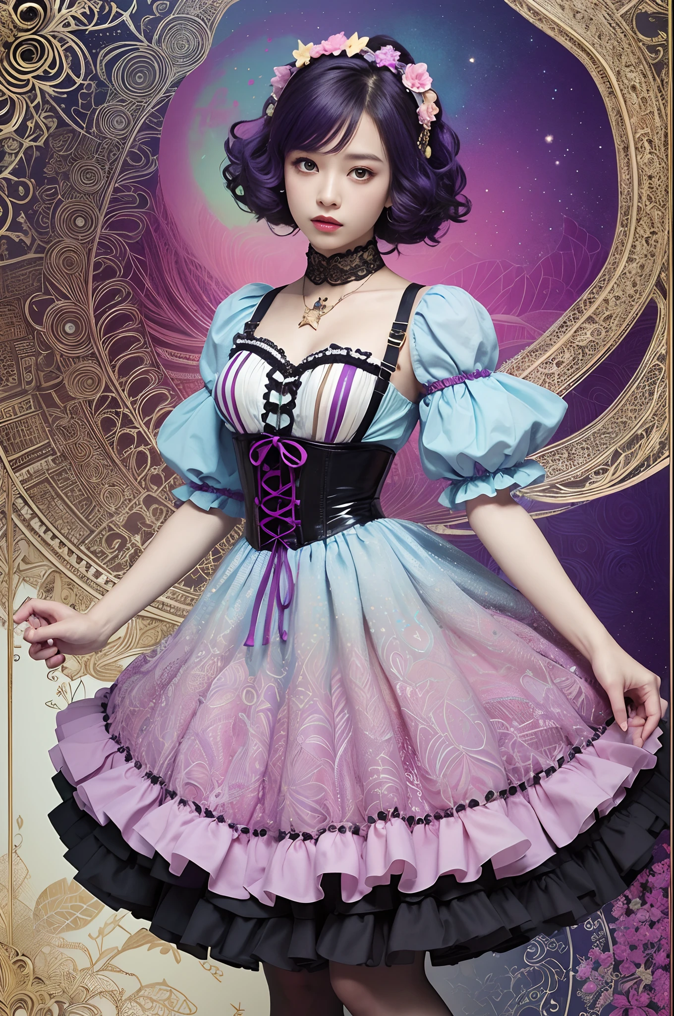 (masterpiece、top-quality、top-quality、Official art、Beautifully Aesthetic:1.2)、(One girl:1.3)、A highly detailed、(Fractal Art:1.1)、(colourfull:1.1)(florals:1.3)、The most detailed、(Zentangle:1.2)、full body Esbian、(Abstract background:1.3)、(shinny skin)、(Many colors:1.4)、、(耳Nipple Ring)、(pluma:1.5)、masterpiece、top-quality、top-quality、Official art、Beautifully Aesthetic:1.2)、(1girl in)、ighly detailed、(Fractal Art:1.3)、colourfull、highestdetailed、Purple hair、Perm of Kurukuru、short-cut、big eye、Women in Japan、(Ruffle frills, Chiffon Lace Ribbon Suspenders, (Stripe Design Pastel Coloring Dress), Big Ribbon Headband, Open Colorborn, puff sleeves, Tied thin ribbon corset, Balloon skirt, White Net Tights, Colorful star-shaped bead accessories)