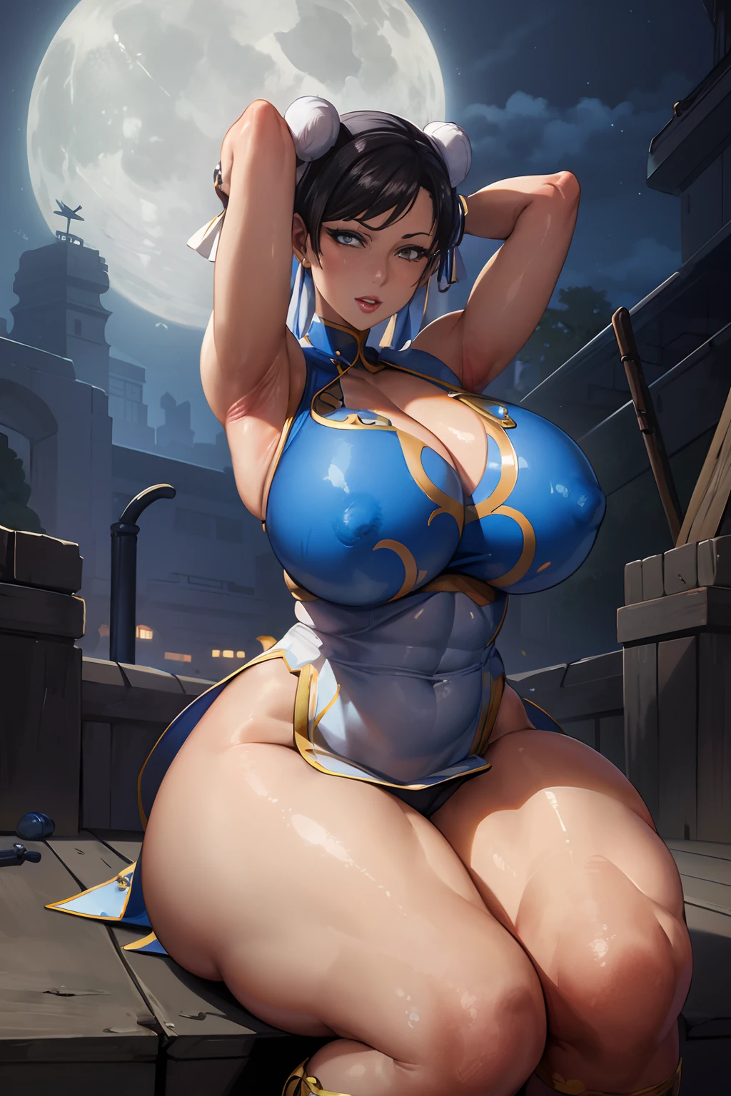Close up portrait of a woman in a blue and white costume, portrait of chun - li, chun - li, Chun-li, chun li, portrait of chun li, chun li at the gym, very detailed Artgerm, Trending on CGSTATION, by Leng Mei, Seductive Anime Girl, Voluptuous body, curvy body, Tifa Lockhart, Naughty anime style, plus size model, Scruffy body,Erotic manga style body, Married woman style,
