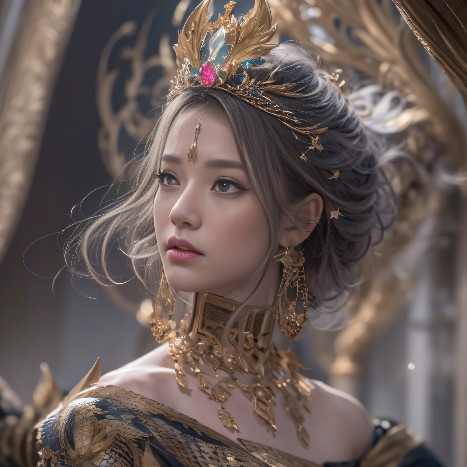 16k(tmasterpiece,k hd,hyper HD,16k)short detailed hair,Gold jewelry area in the back room,King Girl ,Cloud Dragon Protector (realisticlying:1.4),Python pattern robe,Purple-pink tiara,Snowflakes fluttering,The background is pure,Hold your head high,Be proud,The nostrils look at people, A high resolution, the detail, RAW photogr, Sharp Re, Nikon D850 Film Stock Photo by Jefferies Lee 4 Kodak Portra 400 Camera F1.6 shots, Rich colors, ultra-realistic vivid textures, Dramatic lighting, Unreal Engine Art Station Trend, cinestir 800,Hold your head high,Be proud,The nostrils look at people