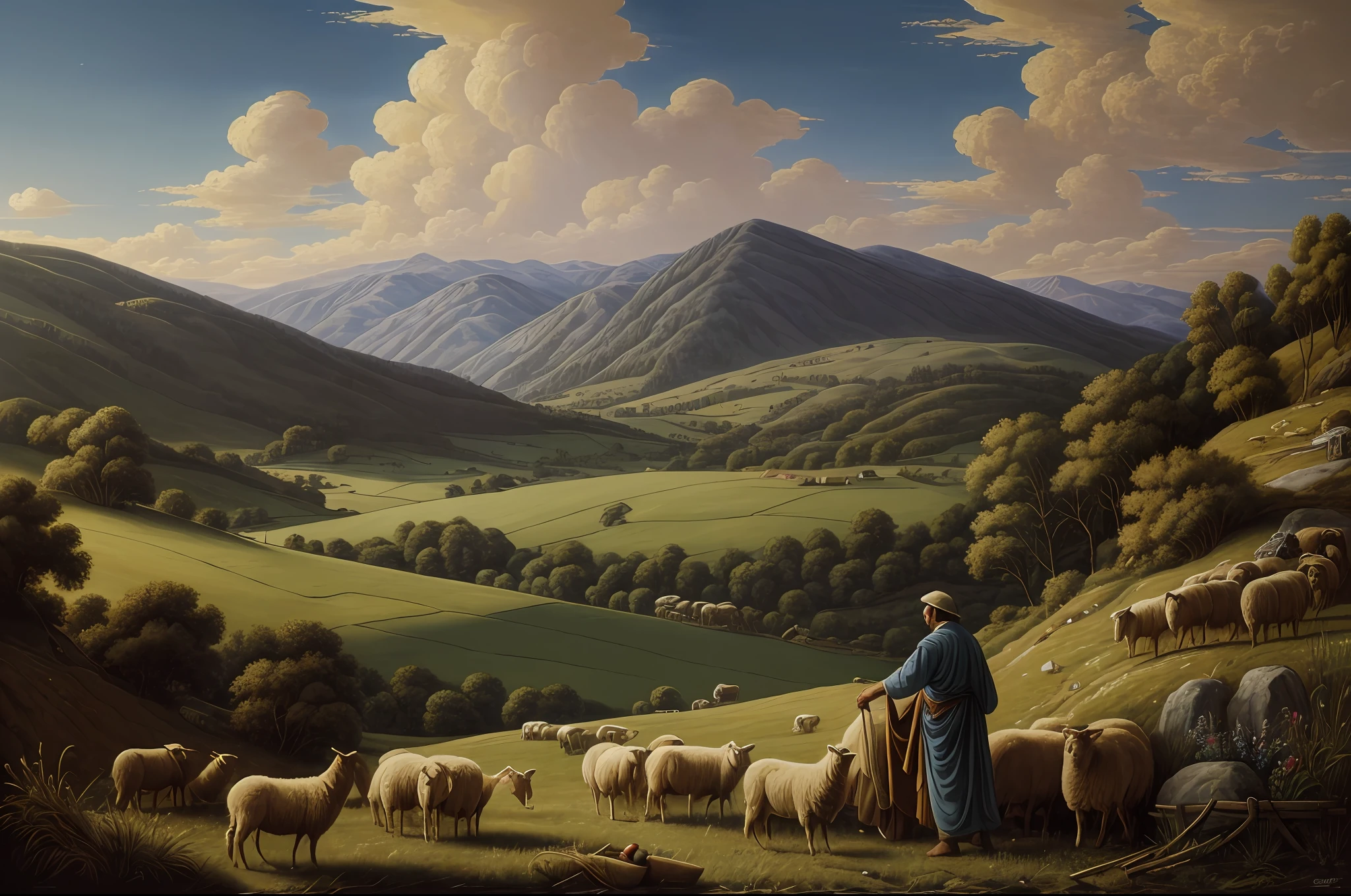 RAW photo, best, masterpiece, best quality, high quality, extremely detailed, a representation of the connection between man and nature, where we see a shepherd tending his sheep, with a sky of linen, high quality photography Intricately detailed, the scene conveys a sense of peace and tranquility