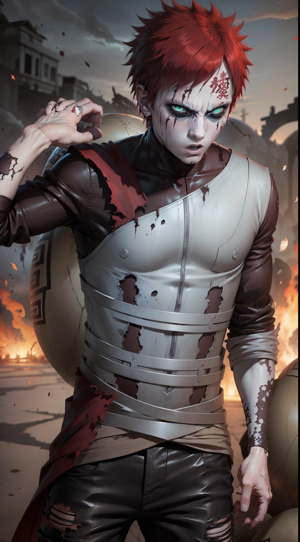 1boy, gaara as a zombie, scary face, scary expression, bloody, torn clothes, thigh up shot, 8k wallpaper, best quality, masterpiece