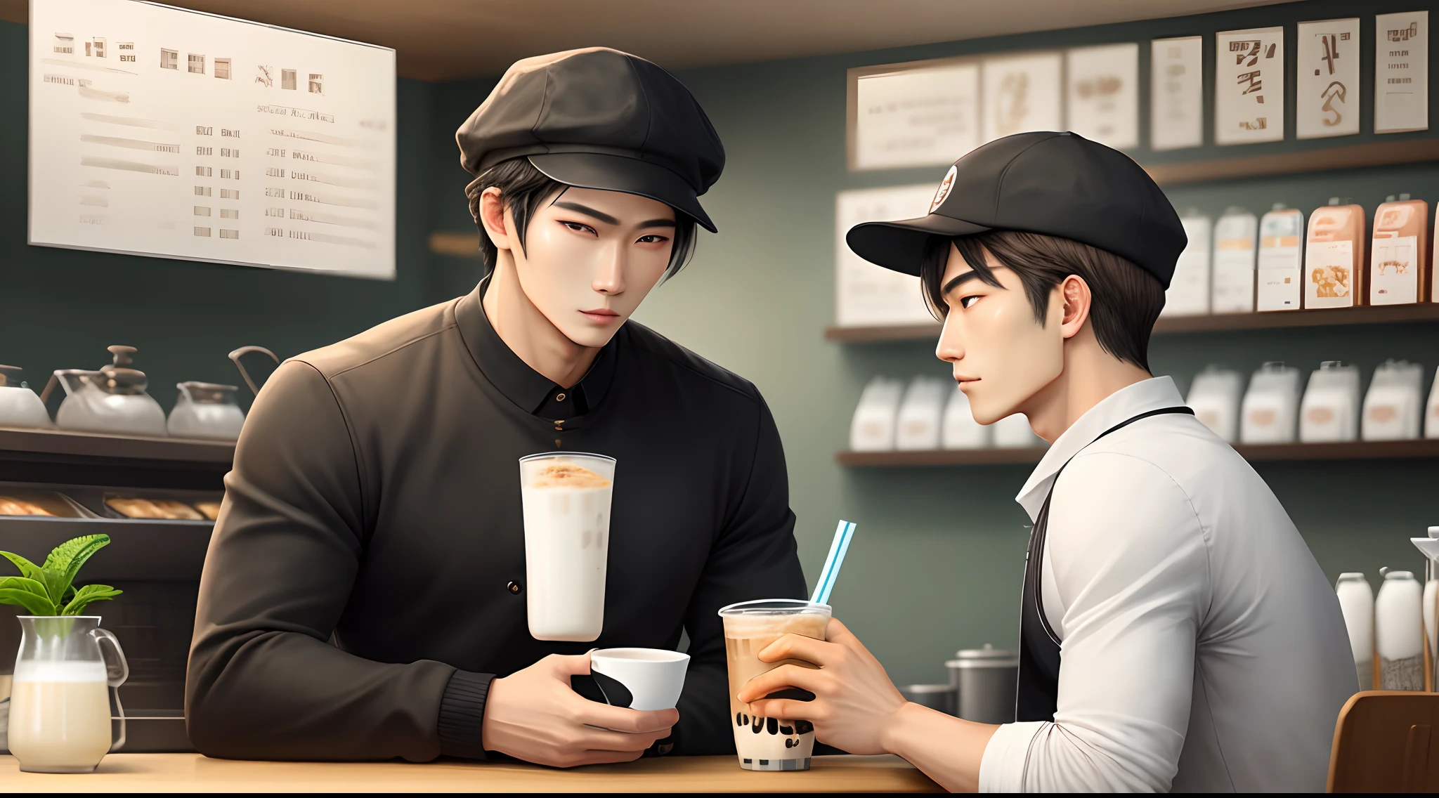 Milk tea shop,Handsome male god with black cap,A cup of milk tea on the table,Looking to the left,Modern realistic style