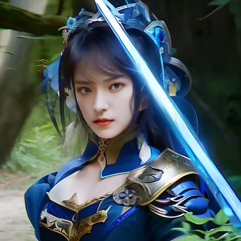 A dark-haired、a woman in a blue dress holding a sword、in woods