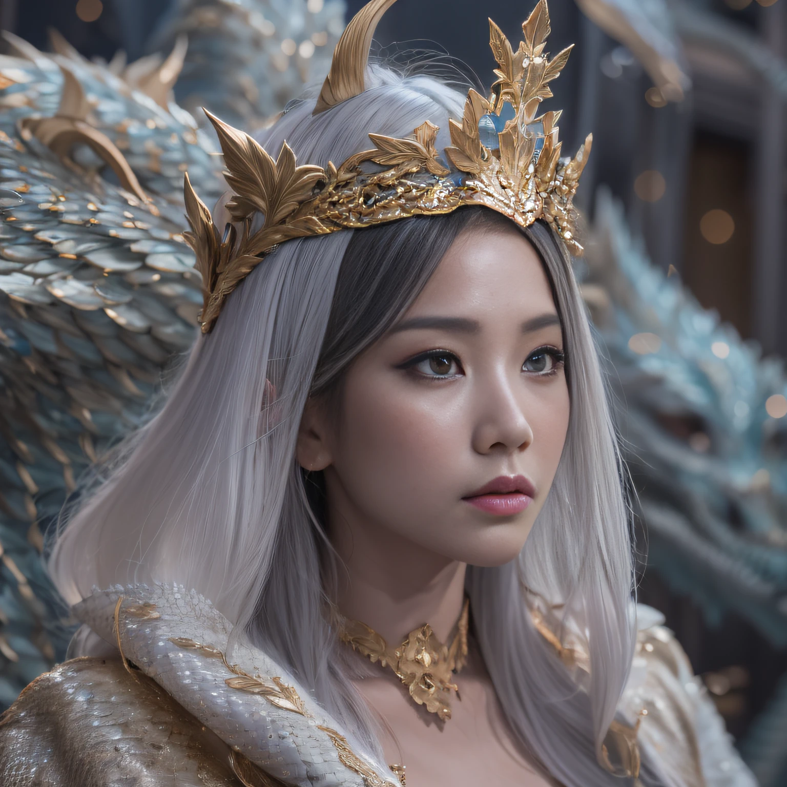 16k(tmasterpiece,k hd,hyper HD,16k)short detailed hair,Gold jewelry area in the back room,King Girl ,Silver Dragon Protector (realisticlying:1.4),Python pattern robe,Purple-pink tiara,Snowflakes fluttering,The background is pure,Hold your head high,Be proud,The nostrils look at people, A high resolution, the detail, RAW photogr, Sharp Re, Nikon D850 Film Stock Photo by Jefferies Lee 4 Kodak Portra 400 Camera F1.6 shots, Rich colors, ultra-realistic vivid textures, Dramatic lighting, Unreal Engine Art Station Trend, cinestir 800,Hold your head high,Be proud,The nostrils look at people