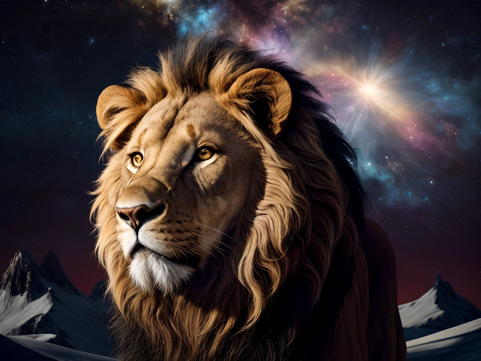 galaxias, espirais, outer space, nebulosas, estrelas, smoke billowing, iridescente, detalhe intrincado, in the form of a lion, olhar de frente, octane rendering, 8k