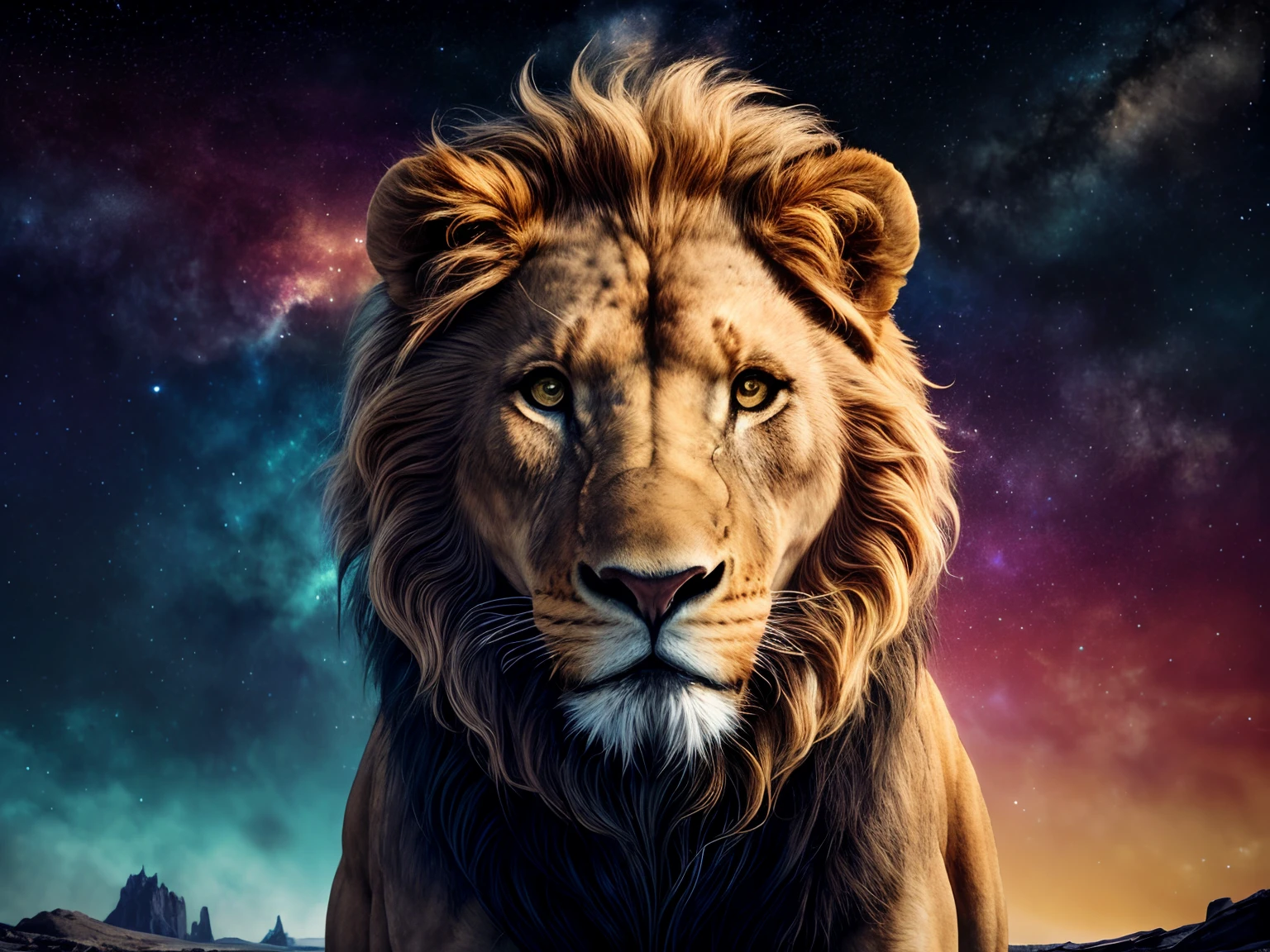 galaxias, espirais, outer space, nebulosas, estrelas, smoke billowing, iridescente, detalhe intrincado, in the form of a lion, olhar de frente, octane rendering, 8k