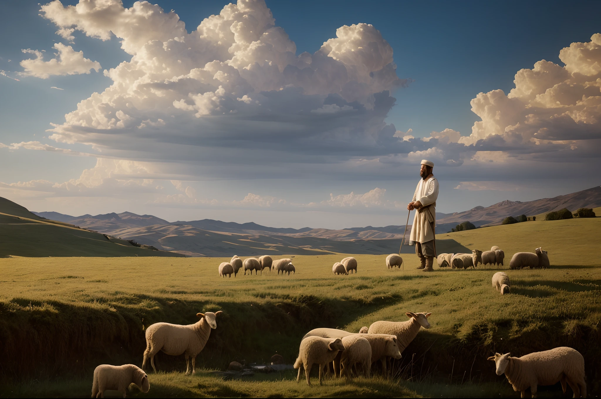 RAW photo, best, masterpiece, best quality, high quality, extremely detailed, a representation of the connection between man and nature, where we see a shepherd tending his sheep, with a sky of linen, high quality photography Intricately detailed, the scene conveys a sense of peace and tranquility