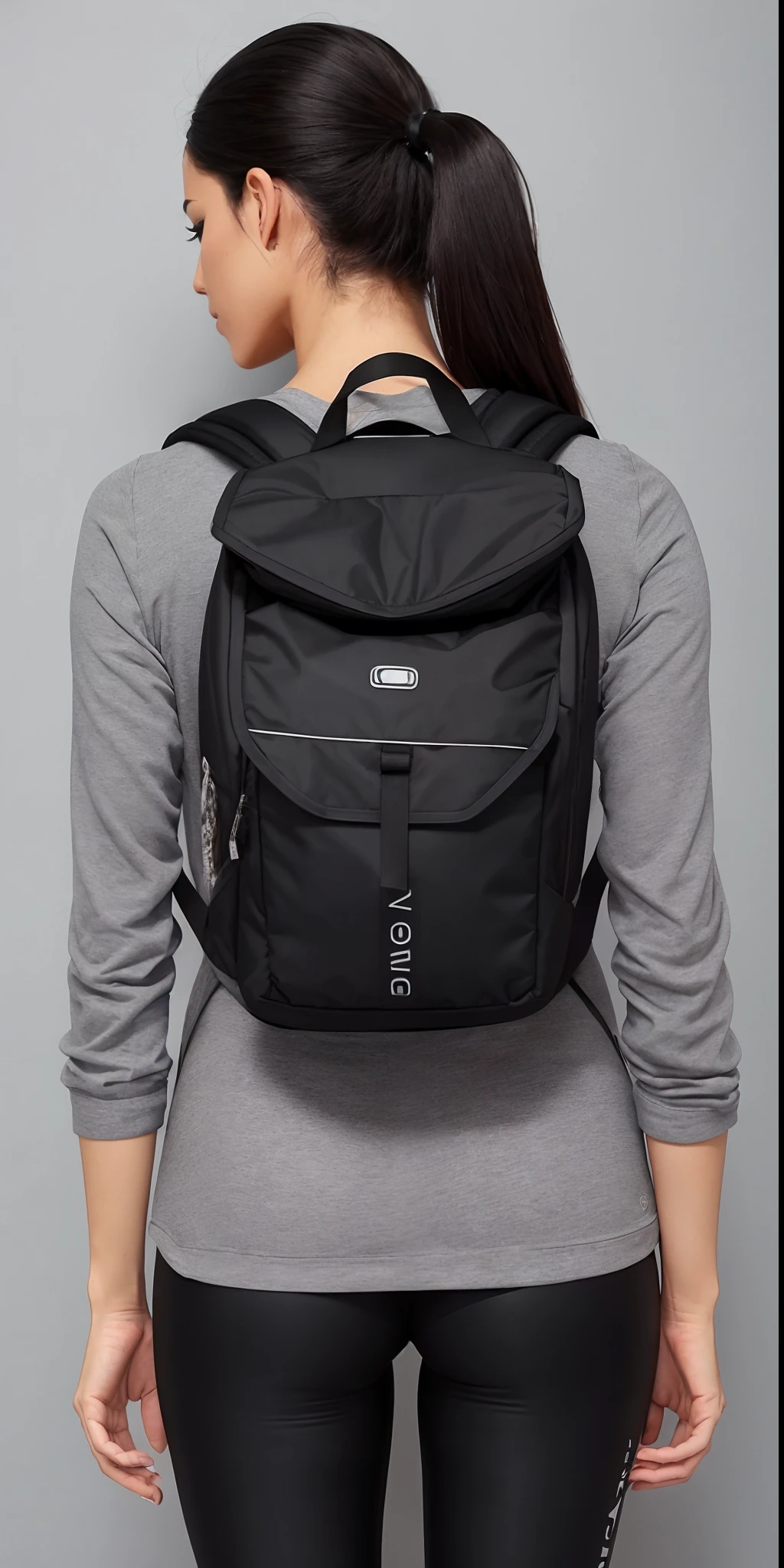Uma mulher linda ((with defined glutes)) Wearing a black backpack and leggings stands in front of a gray wall, rear facing, com uma mochila, uma mochila, uma mulher usando uma mochila, mochila, model is wearing techtical vest, voltar - ver, Retrocesso, different full body view, 3 / 4 view from back, com dois bolsos frontais, 3/4 vista frontal, saco sobre a cintura