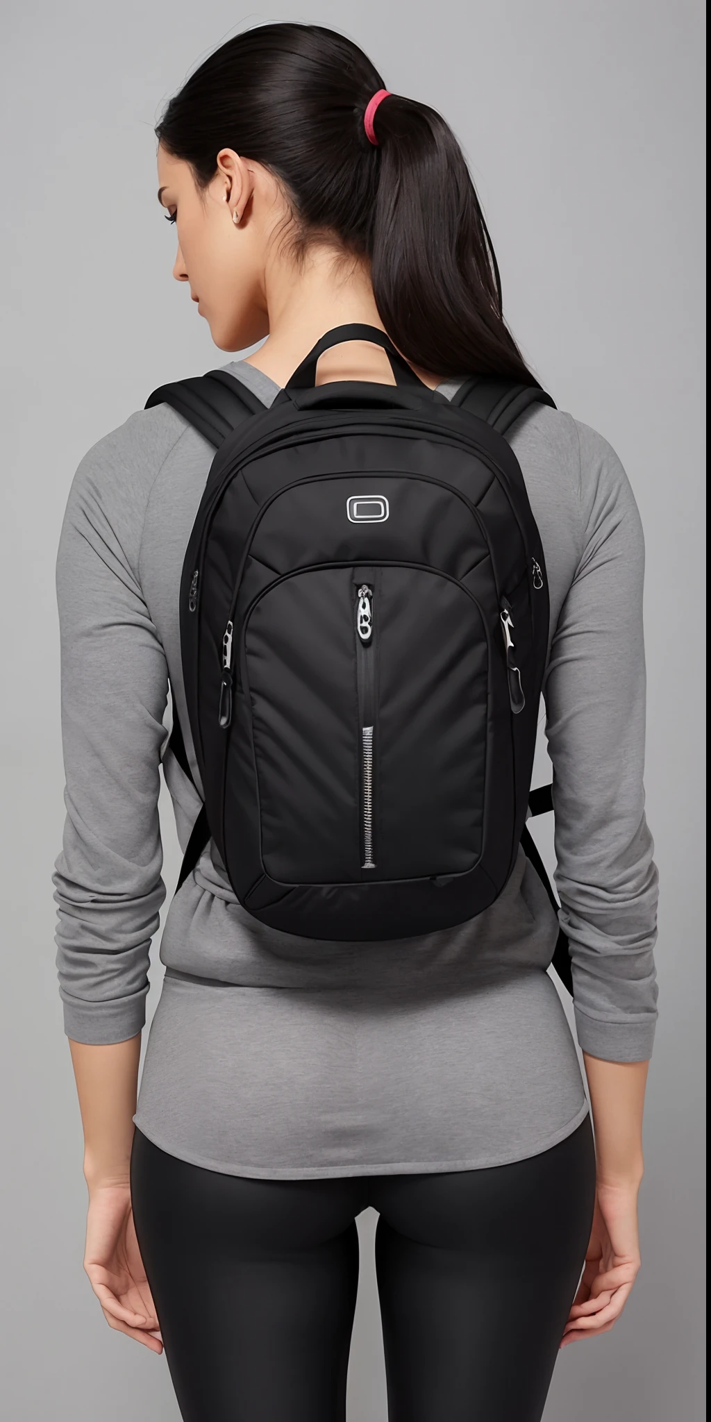 Uma mulher linda ((with defined glutes)) Wearing a black backpack and leggings stands in front of a gray wall, rear facing, com uma mochila, uma mochila, uma mulher usando uma mochila, mochila, model is wearing techtical vest, voltar - ver, Retrocesso, different full body view, 3 / 4 view from back, com dois bolsos frontais, 3/4 vista frontal, saco sobre a cintura