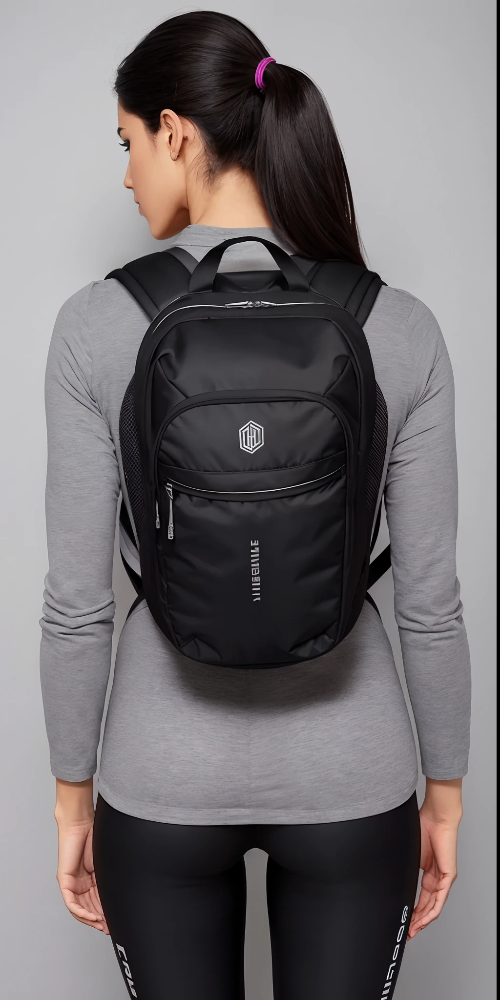 Uma mulher linda ((with defined glutes)) Wearing a black backpack and leggings stands in front of a gray wall, rear facing, com uma mochila, uma mochila, uma mulher usando uma mochila, mochila, model is wearing techtical vest, voltar - ver, Retrocesso, different full body view, 3 / 4 view from back, com dois bolsos frontais, 3/4 vista frontal, saco sobre a cintura