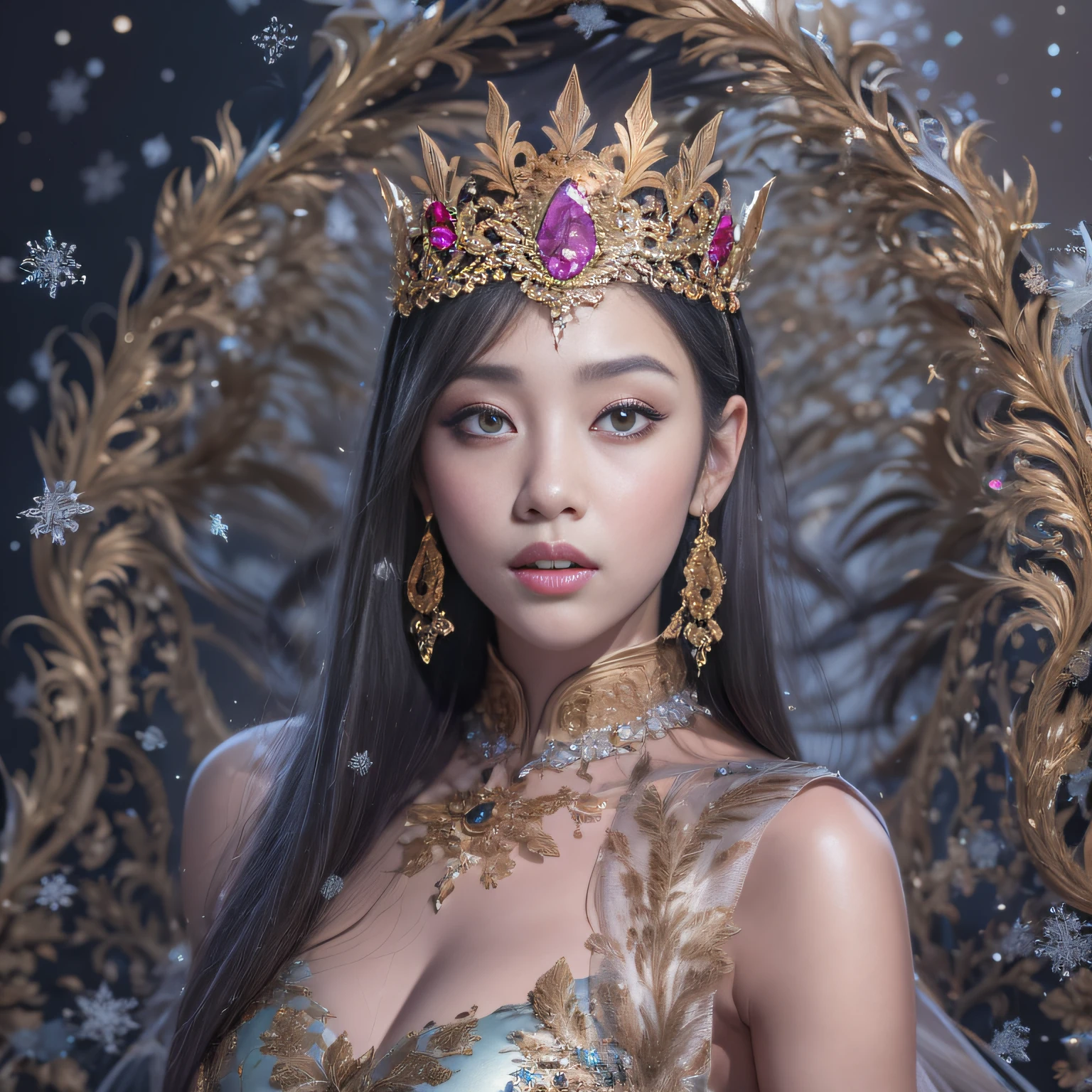 16k（tmasterpiece，k hd，hyper HD，16k）short detailed hair，Gold jewelry area in the back room，King Girl ，Silver Dragon Protector （realisticlying：1.4），Python pattern robe，Purple-pink tiara，Snowflakes fluttering，The background is pure，Hold your head high，Be proud，The nostrils look at people， A high resolution， the detail， RAW photogr， Sharp Re， Nikon D850 Film Stock Photo by Jefferies Lee 4 Kodak Portra 400 Camera F1.6 shots, Rich colors, ultra-realistic vivid textures, Dramatic lighting, Unreal Engine Art Station Trend, cinestir 800，Hold your head high，Be proud，The nostrils look at people