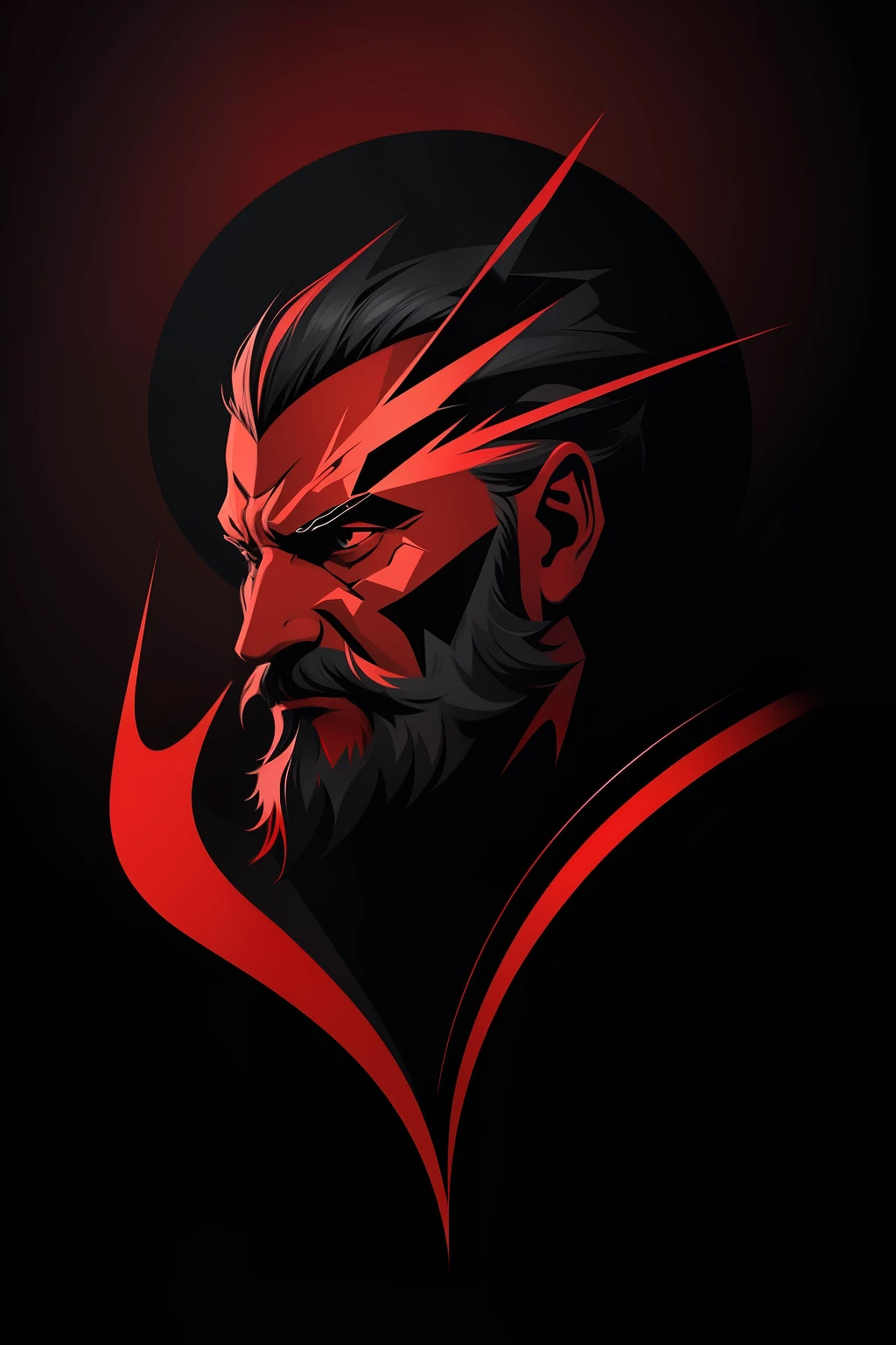 black and red colorful logo, minimalist logo illustration of vector art of an old man, side facing, magic, sharp design, smooth, monochromatic colorful, dark magic splash, t-shirt design