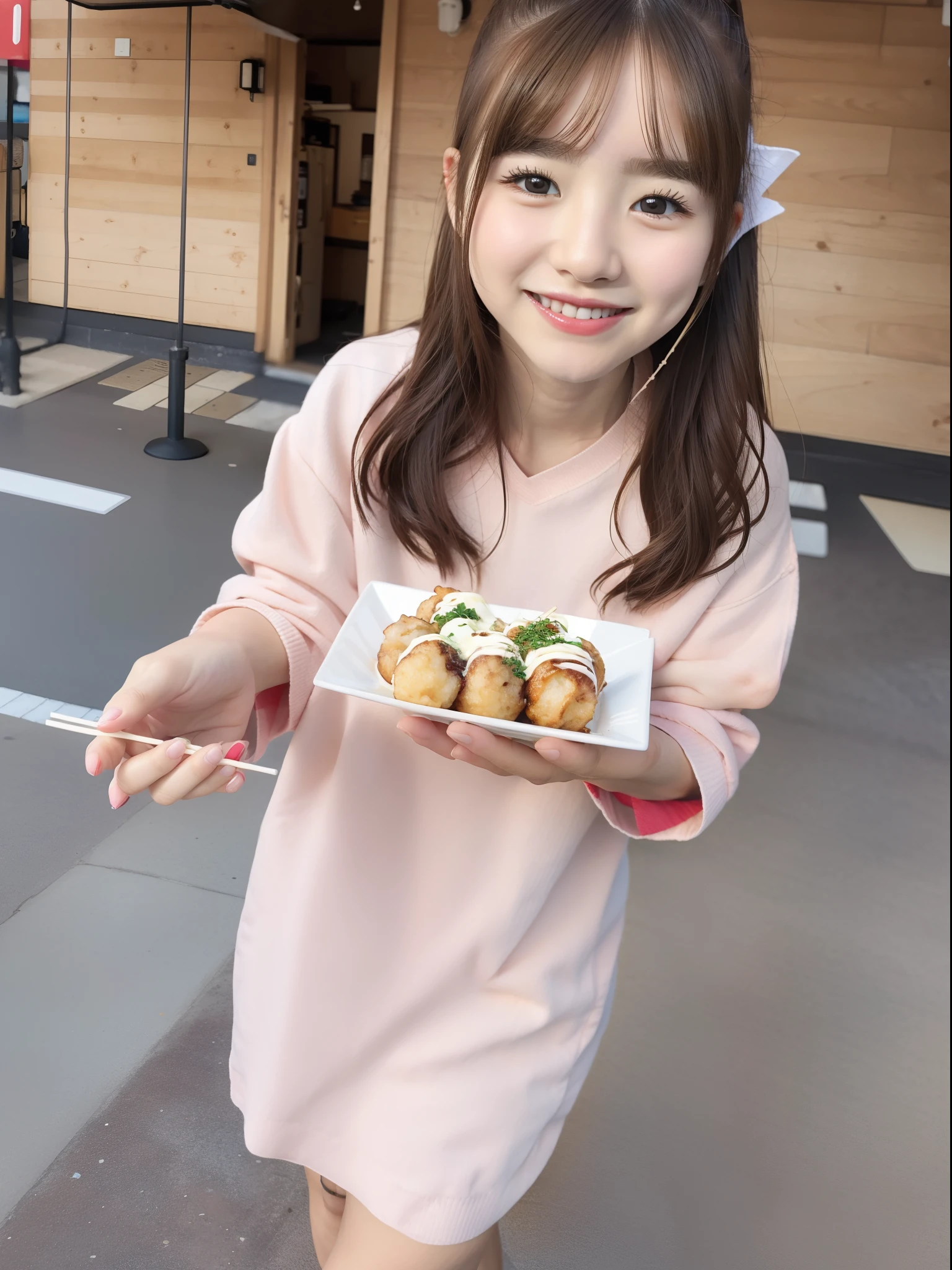 1girl eating takoyaki, one hand holding a dish, smile,