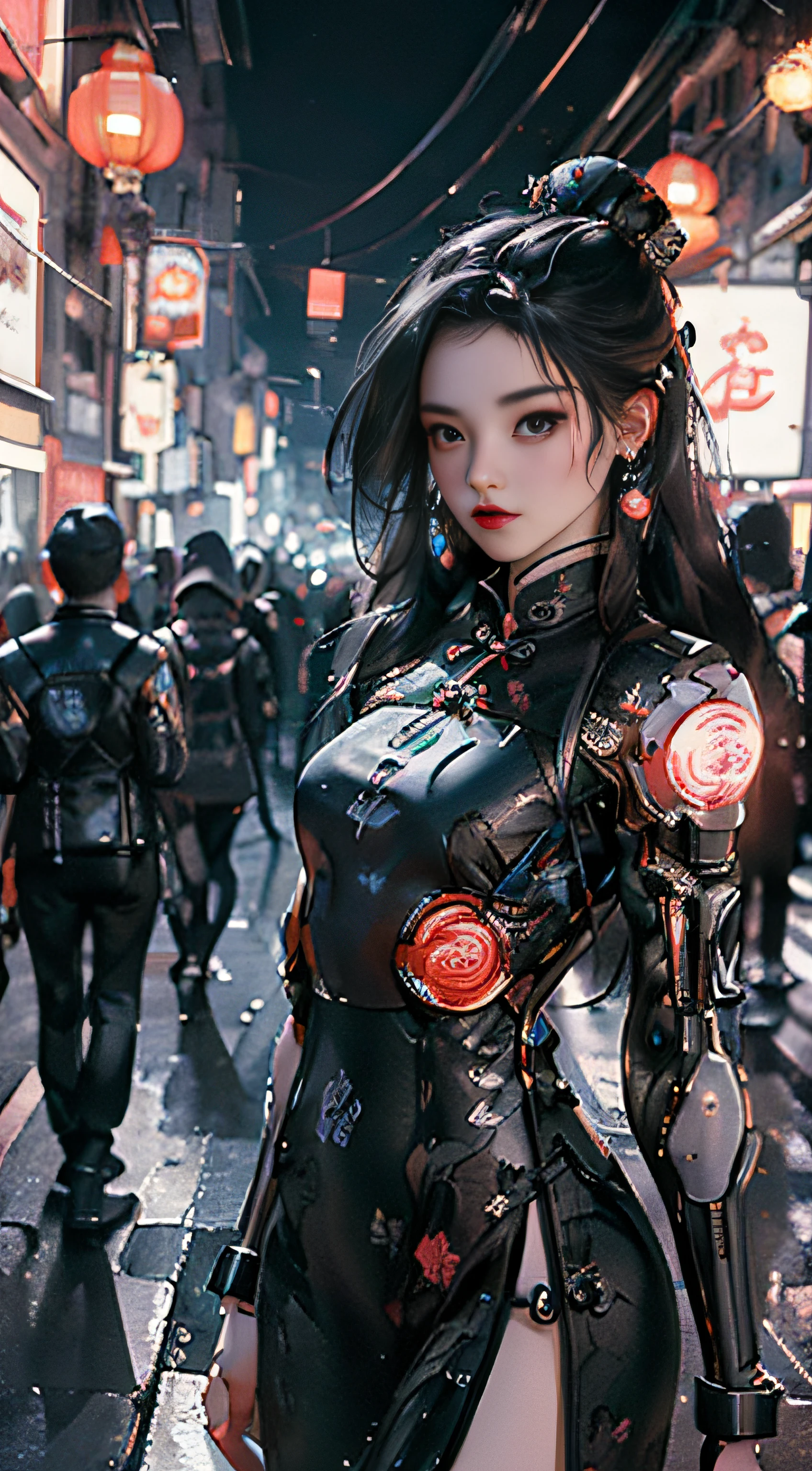 (Master Works :1.5), (Best picture quality :1.5), (Very Fine Detail, 8K, Wallpaper :1.3), Very Fine Detail, High contrast, Complex Detail, physics-based rendering, Best Composition, Whole body, Cyberpunk character Style, Dynamic Styling, 1 girl, Fine brown eyes, Eyeshadow, Makeup, long black hair, Detailed big eyes, looking at the audience, blush, full small lips, red lips, long hair :1.3, upper body, (standing), (Hair accessories :1.1), headwear, Chinese cheongsam, Cyberstyle Cheongsam, blue and pink cheongsam, (Cyberpunk Light :1.1), neon, all mechanical and futuristic elements, technology, the background is a traditional Chinese street, This street with no people, on the street with no people, paper lanterns, neon, Ultra high resolution, (Slim:1.2), dramatic lighting, vibrant detail, Deluxe Cyberpunk, Complex background, octane render, 8k, best quality, masterpieces, illustrations, extremely delicate and beautiful, Very detailed, CG, wallpaper, (realistic, realistic :1.37), Amazing, fine detail, masterpiece, best quality, official art, (Natta :1.5) cowboy shot