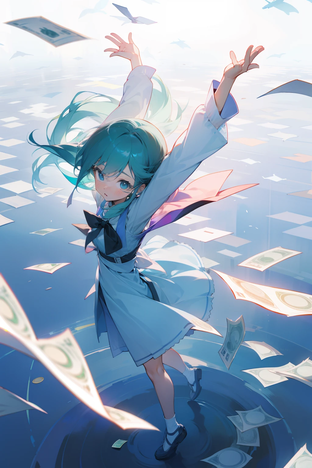 A lone girl stands with open arms、Looking Up、Money is flying