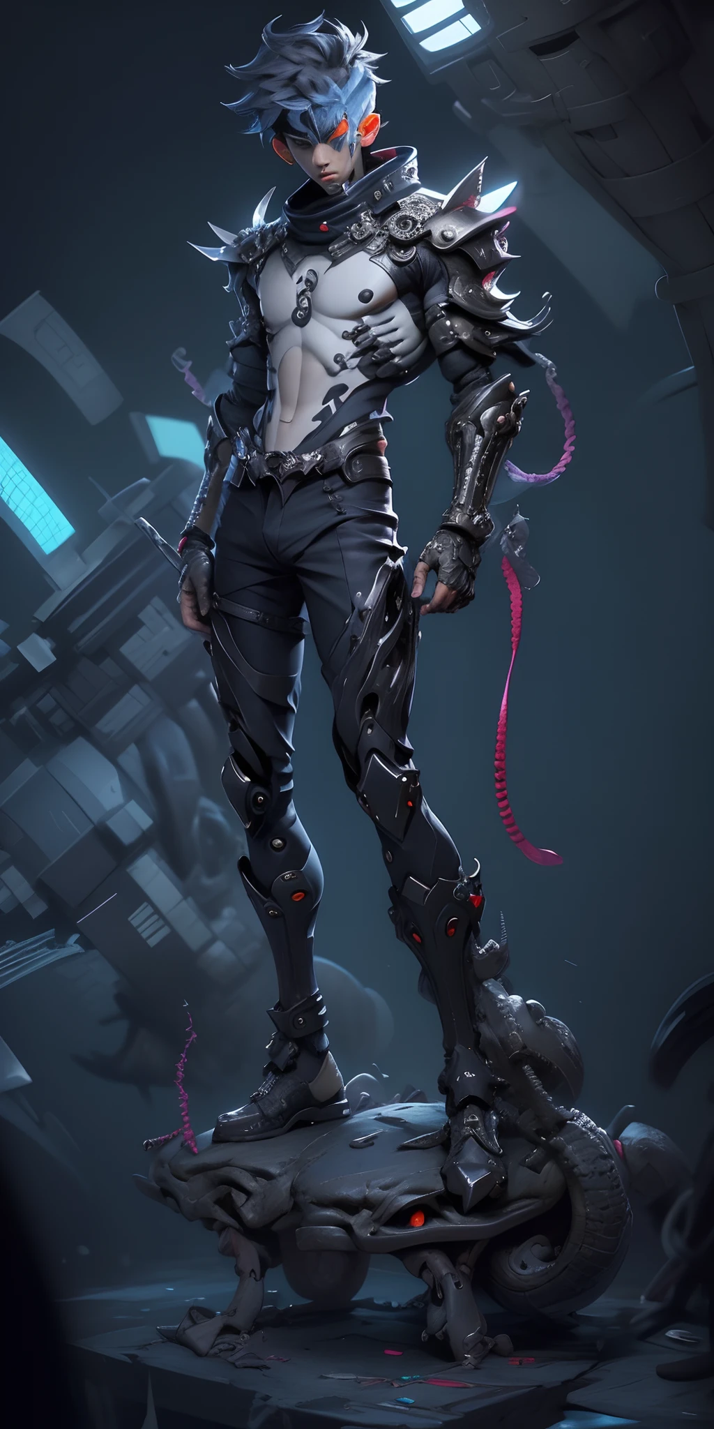 A handsome boy,Wu Yifan,musculous,Machinary,punky style,future-tech,Mechanical fusion of the skin,background whites