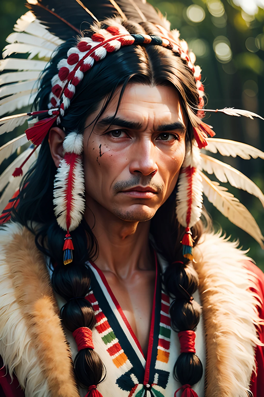 best quality, masterpiece, (photorealistic:1.4), RAW photo, 8k close-up photography, Large Comanche Indian chief with typical feather headdress. No beard or mustache.