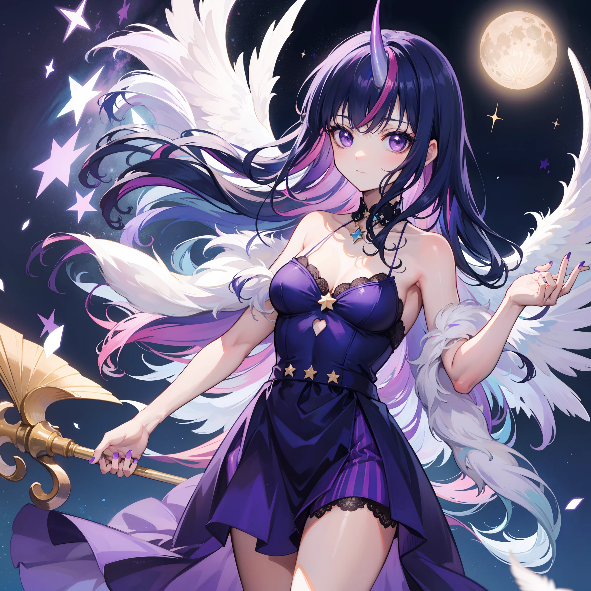 flowing hair, straight hair, twilight sparkle, purple horn, purple wings, bird wings, purple dress, stars, moon, night sky, royal pose, purple nails, looking at viewer, pink stripes, dark blue hair, purple eyes, tan skin, detailed background, masterpiece, soft smile, straight hair, long hair, bangs, solo, 1girl, star on forehead, stars in eyes, holding star staff, TwilightHuman