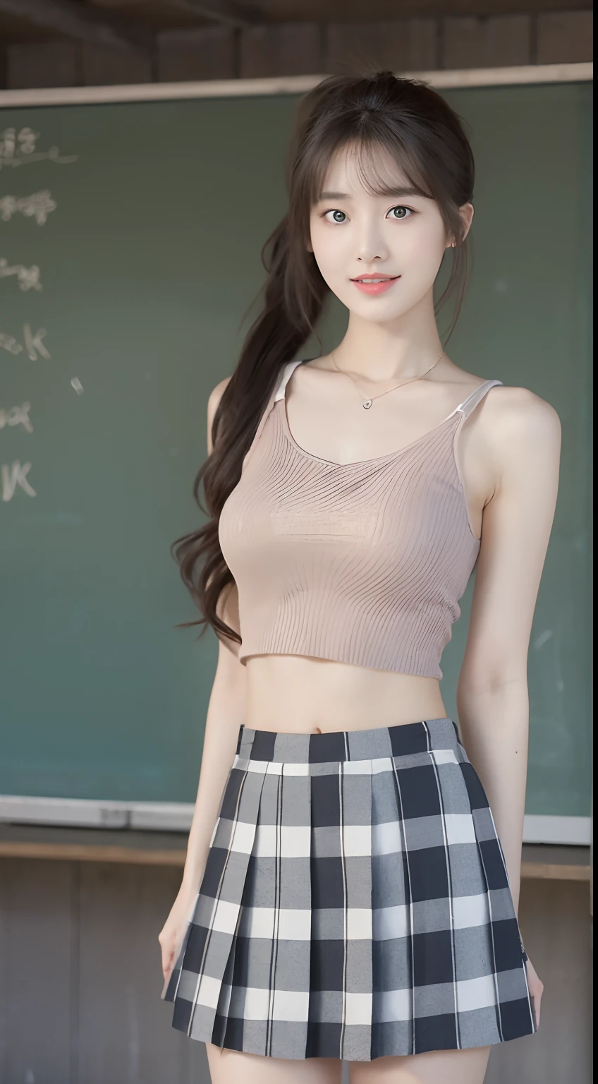 Masterpiece, best quality, (realistic, realistic: 1.4), (RAW photo: 1.2), very detailed CG unity 8k wallpaper, very delicate and beautiful, amazing, fine details, official art, ridiculous, unbelievably ridiculous , huge file size, super detailed, very detailed, pretty detailed girl, very detailed eyes and face, beautiful detailed eyes, light on face, 1girl, long hair, ((ponytail)), solo, cute, looking at viewer, (perfect female figure) , slender waist, full body, big breasts, standing, school uniform, miniskirt, miniskirt, plaid skirt, navel, cropped navel, tank top, bare arms, bangs, school, classroom, ulzzang-6500- v1.1