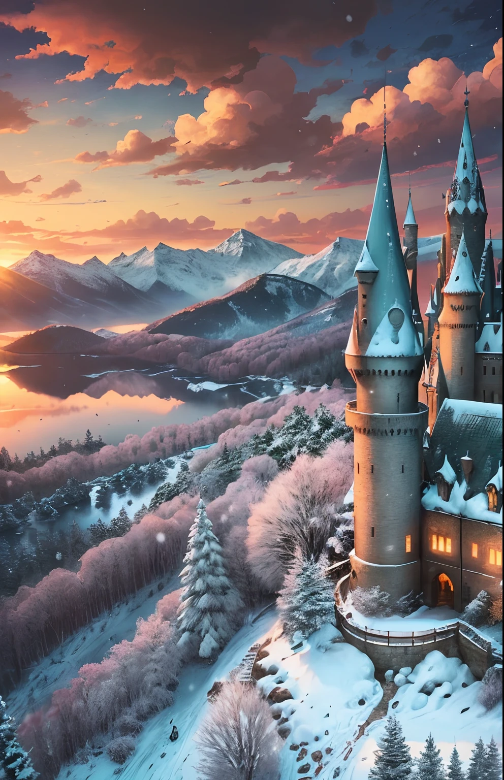 Generate a highly realistic and detailed 4K Ultra HD portrait image of a serene scene:  hogwarts school, on top of hill, overlooking a lake with a 18th century sailing frigate ship, on the edge of a dark and mysterious pine forest, with snow capped mountains on the horizion, with a faintly vivible abandoned tower, and a beautiful sunset --auto --s2